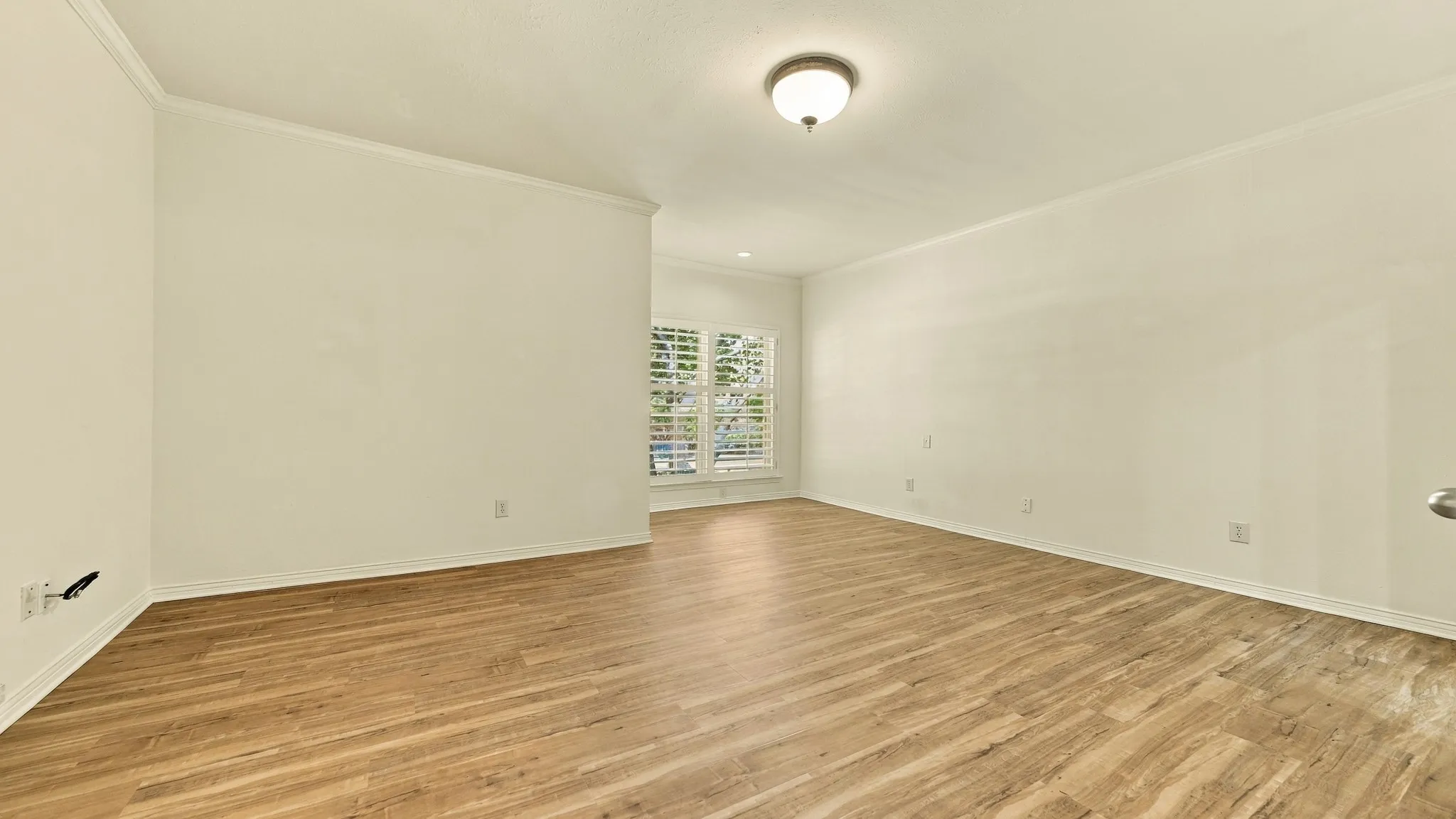 treehouse feel in large primary, high ceilings, crown molding,high ceiling's, luxury vinyl wood both bedrooms