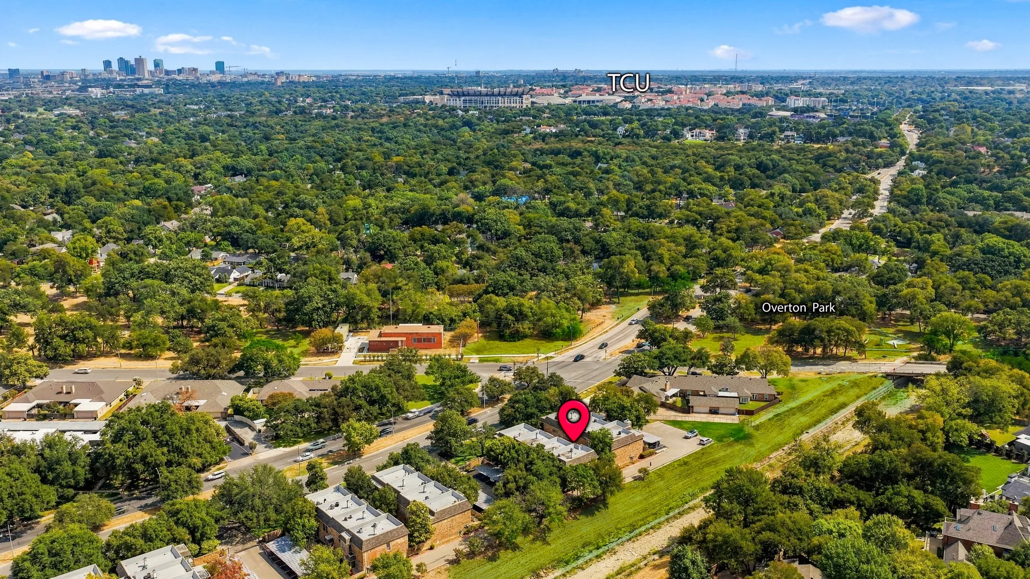  Bellaire up to TCU on left, greenbelt, creek, Trinity Trails on right