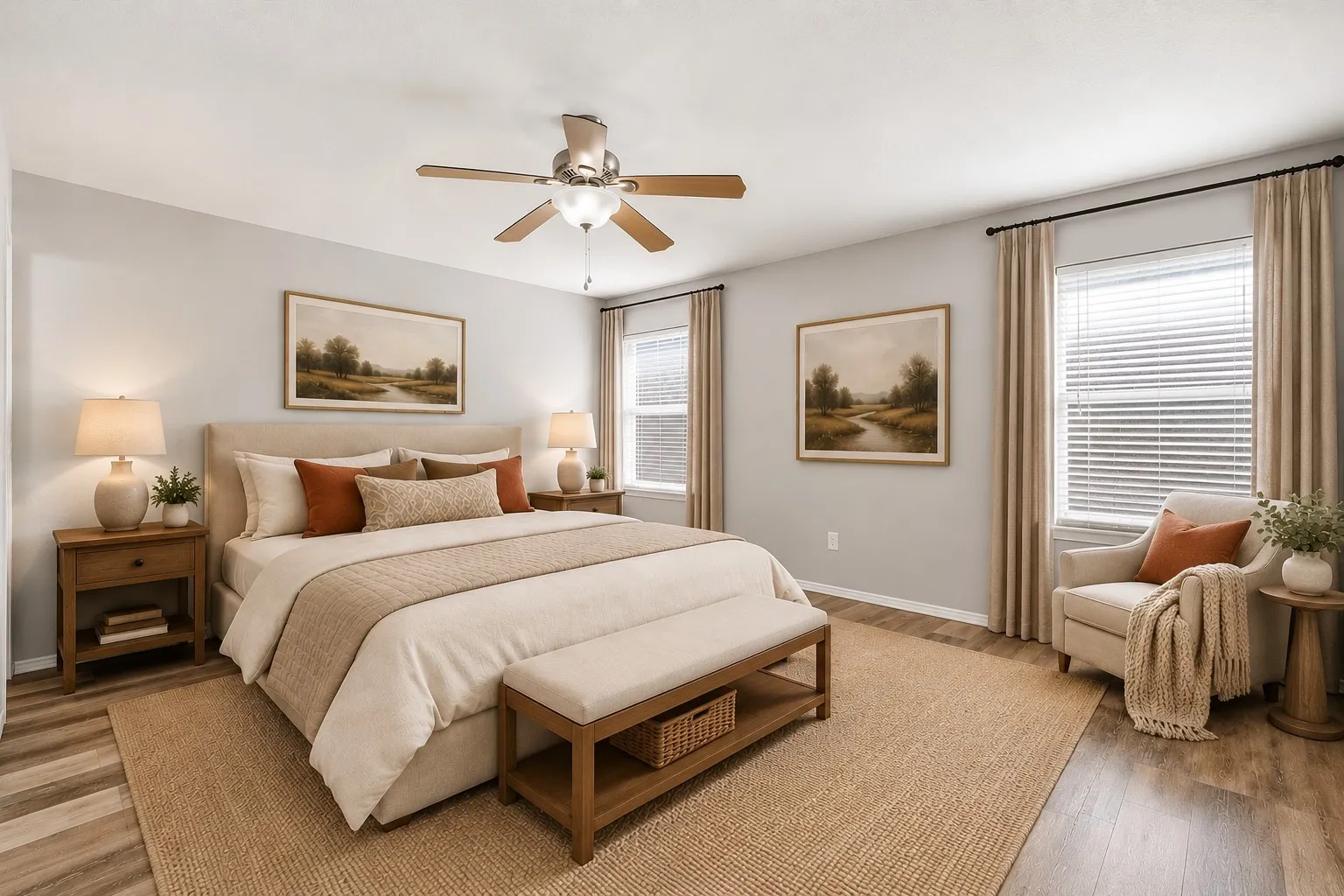 Spacious room featuring dual windows with blinds, wood-finish flooring, a ceiling fan, and light-toned walls