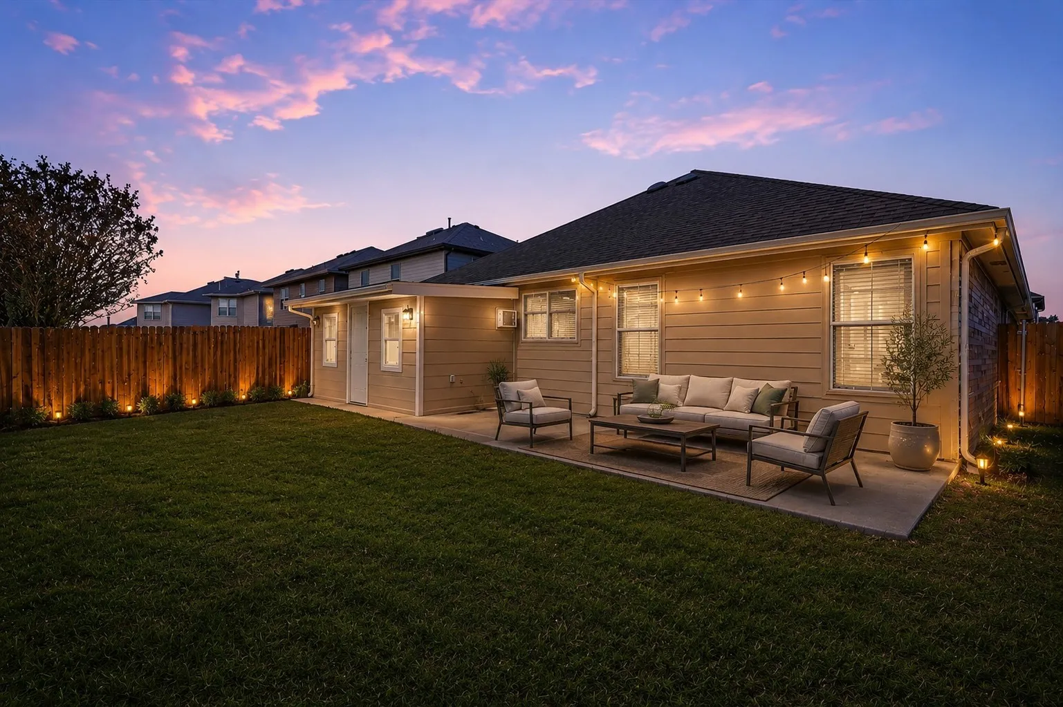 Expansive lawn area with a concrete patio, exterior lighting, and a wood privacy fence with integrated ground lighting