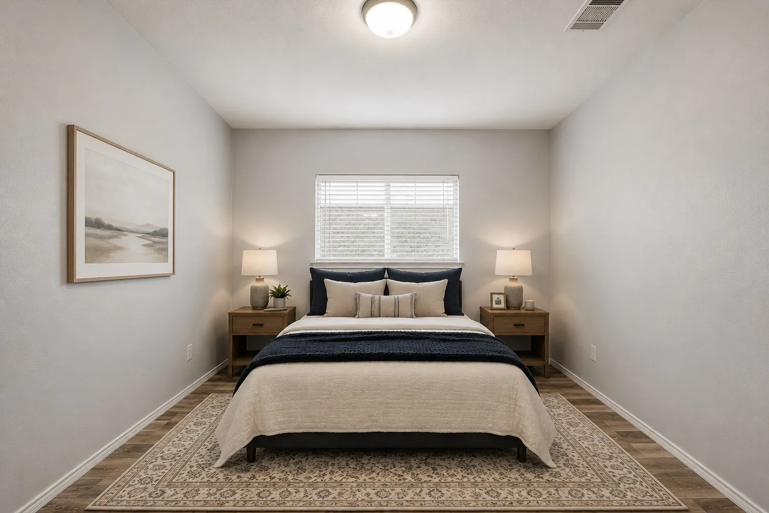 Recessed lighting, window with blinds, wood-finish flooring, and light-toned walls