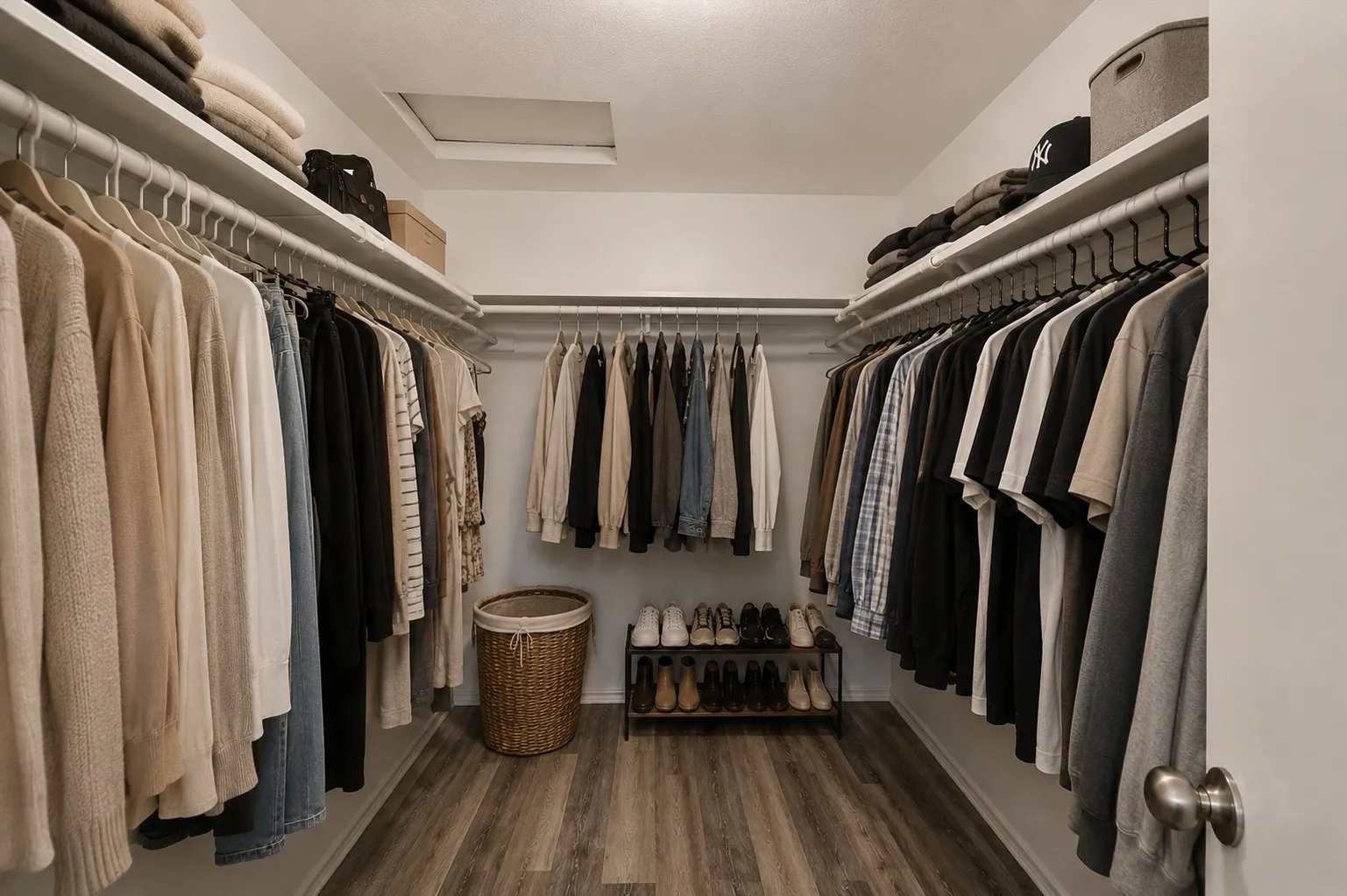 Primary walk-in closet with ample shelving and hanging rods