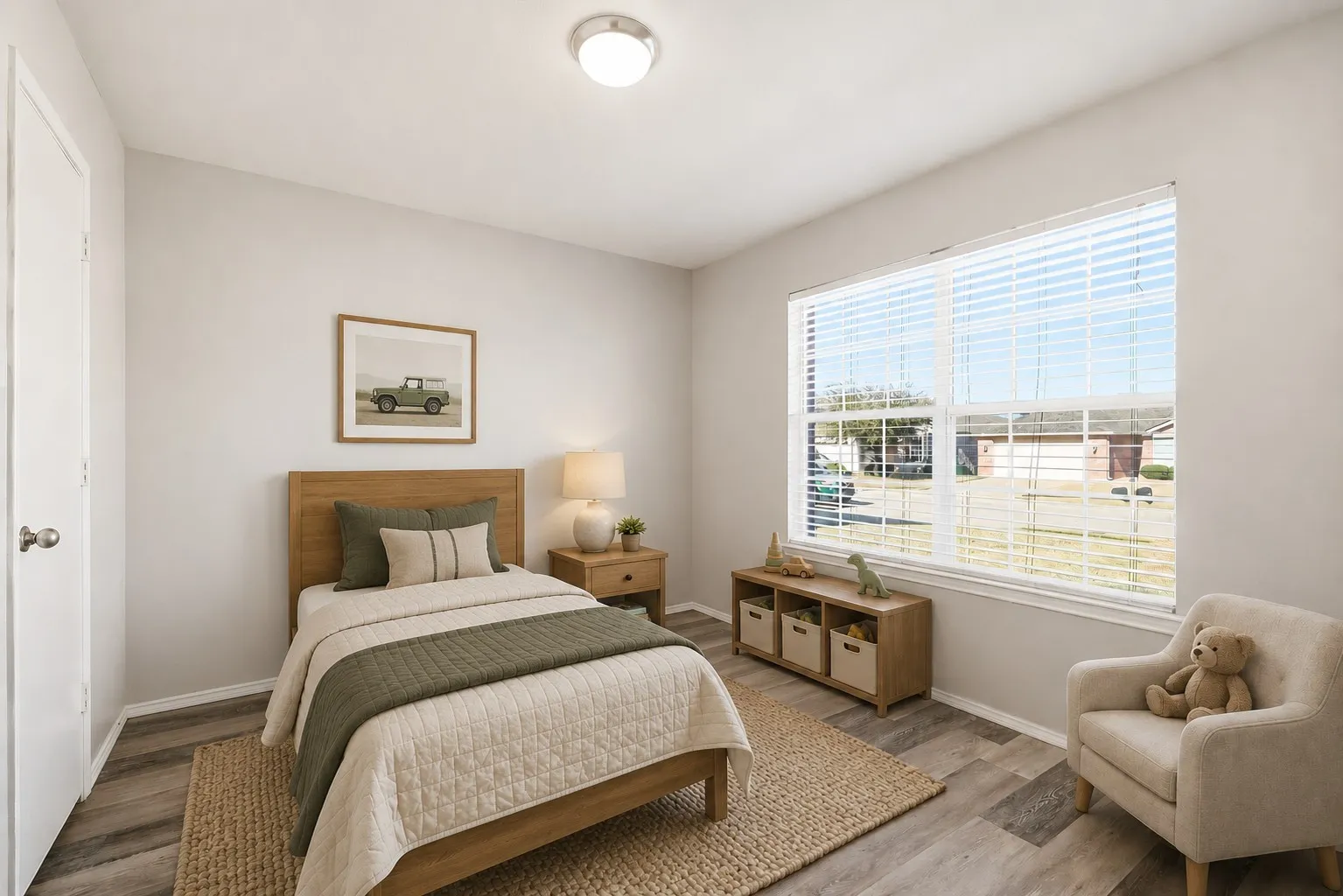 Recessed lighting, wood-finish flooring, a large window with blinds, and light-toned walls