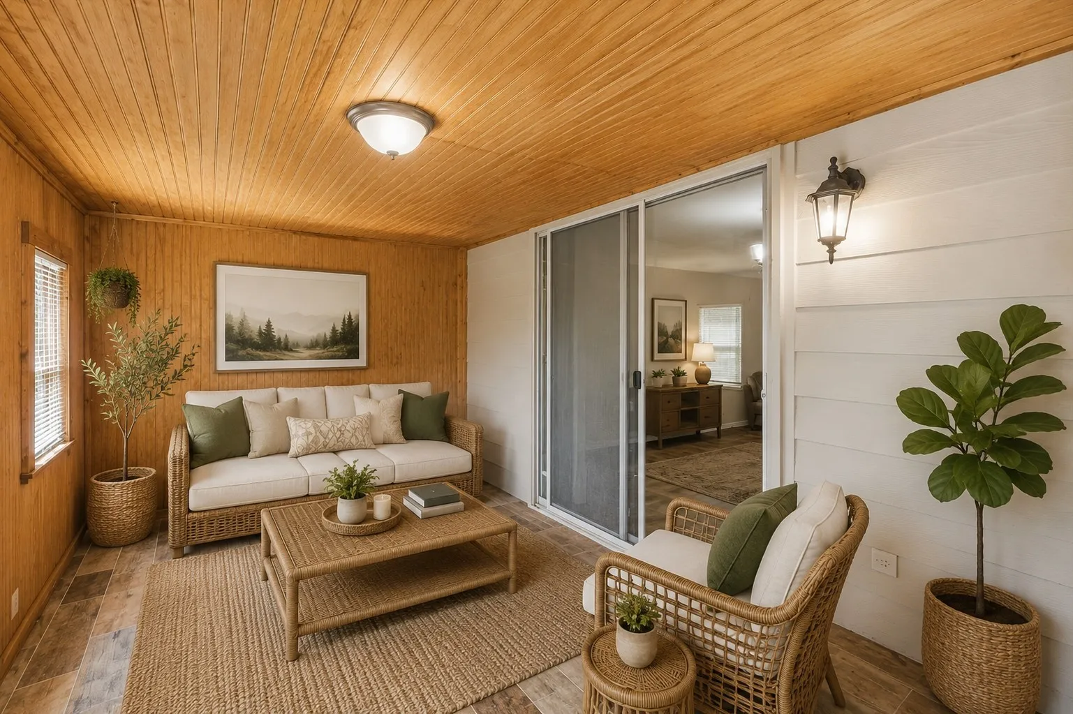 Wood-paneled walls and ceiling, recessed lighting, and wood-finish flooring