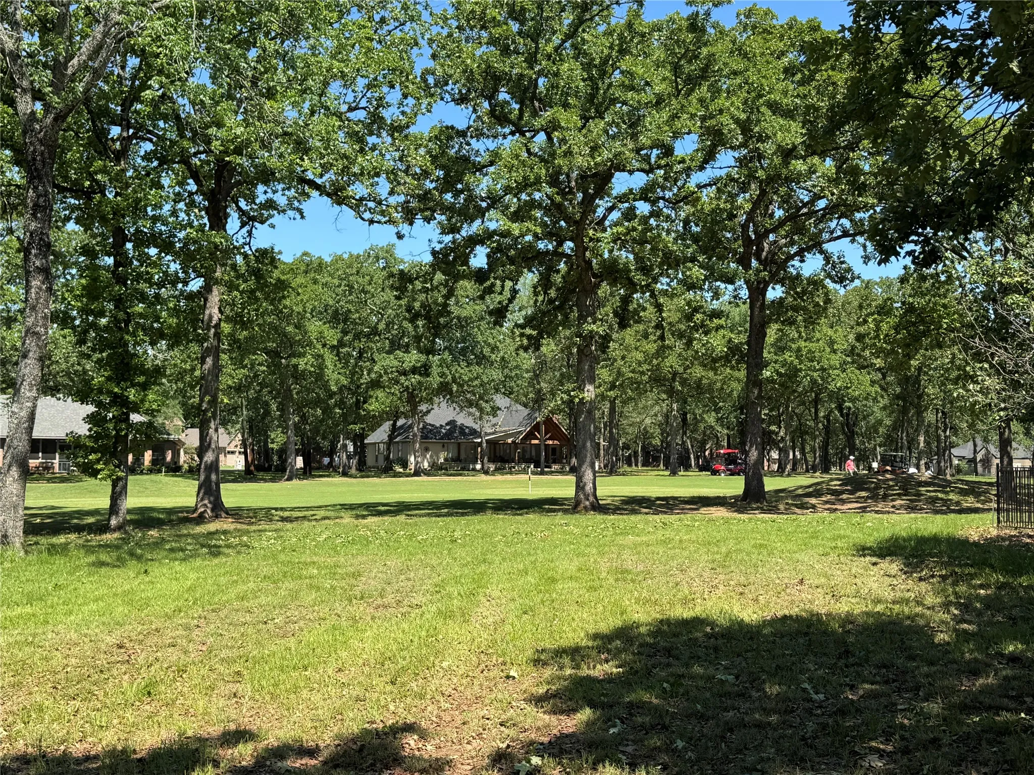 Back of lot off golf course with mature trees.