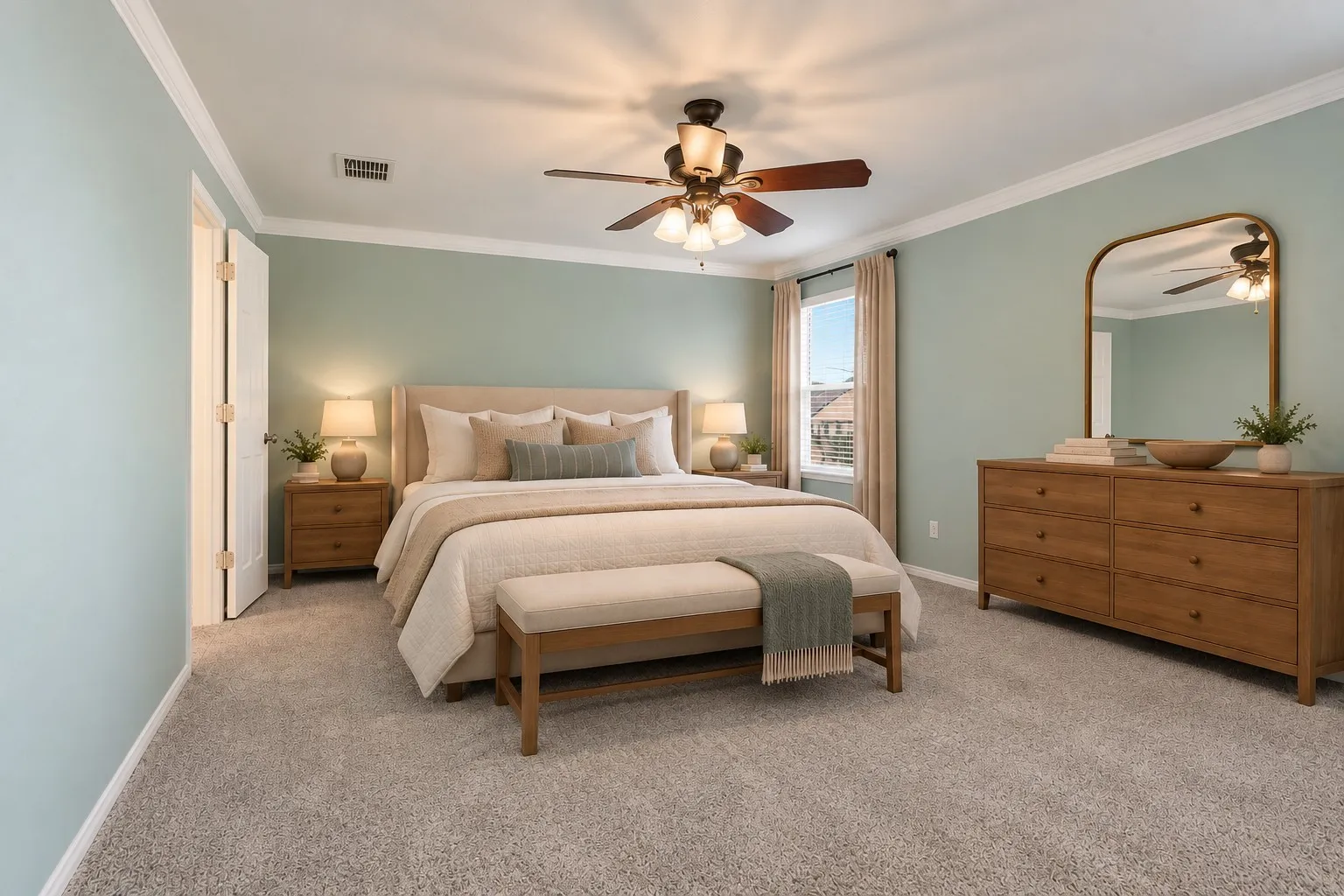Wall-to-wall carpeting, crown molding, and a ceiling fan with integrated lighting