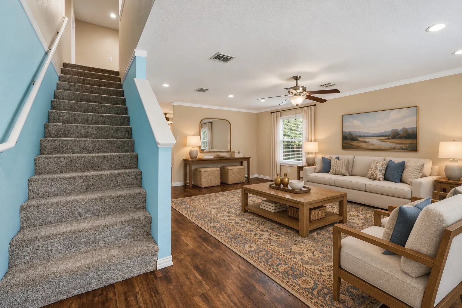Open-concept living area with wood-finish flooring, a ceiling fan with integrated lighting, and recessed lighting