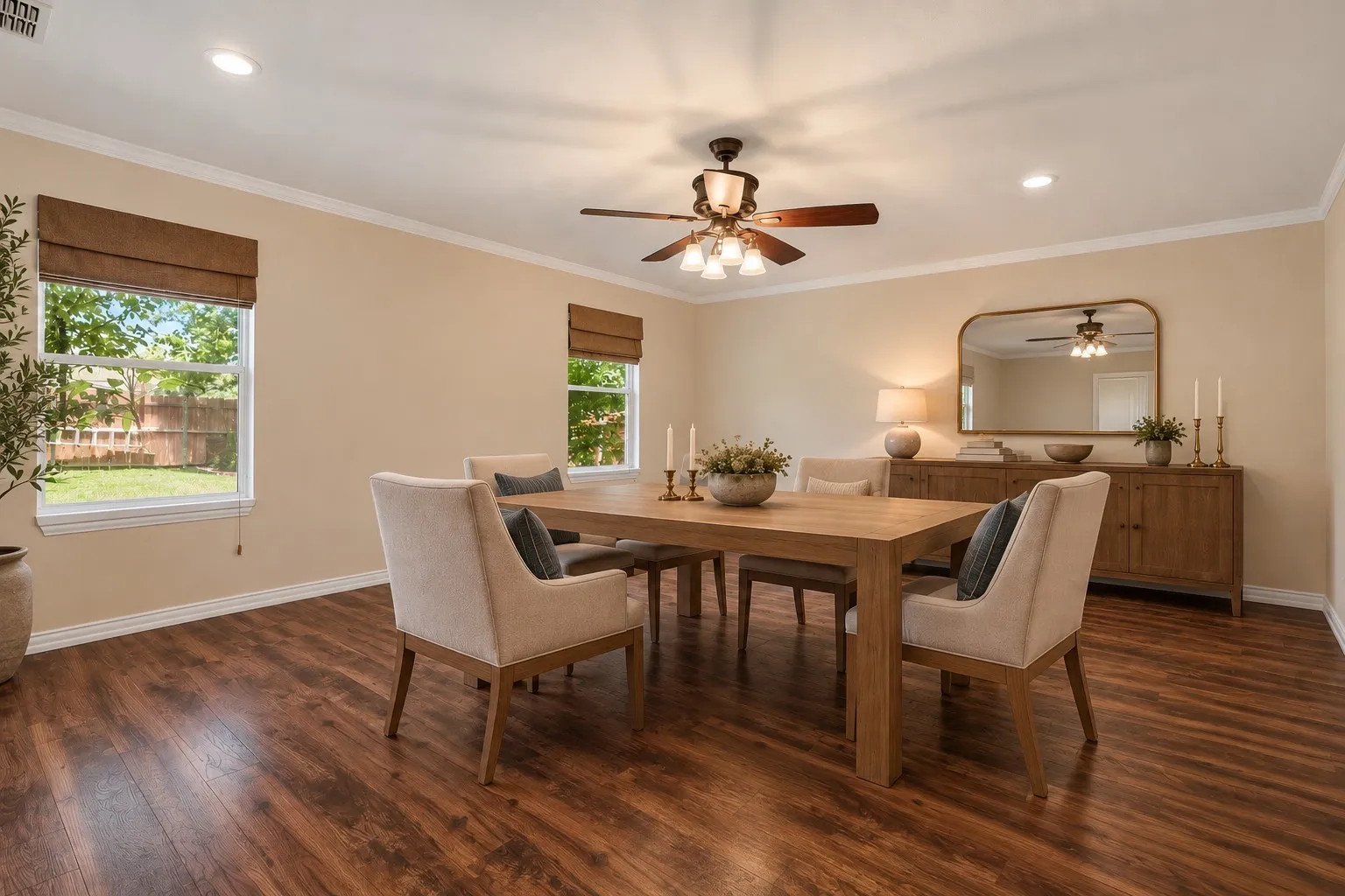 Recessed lighting, crown molding, wood-finish flooring, and a ceiling fan with light fixture