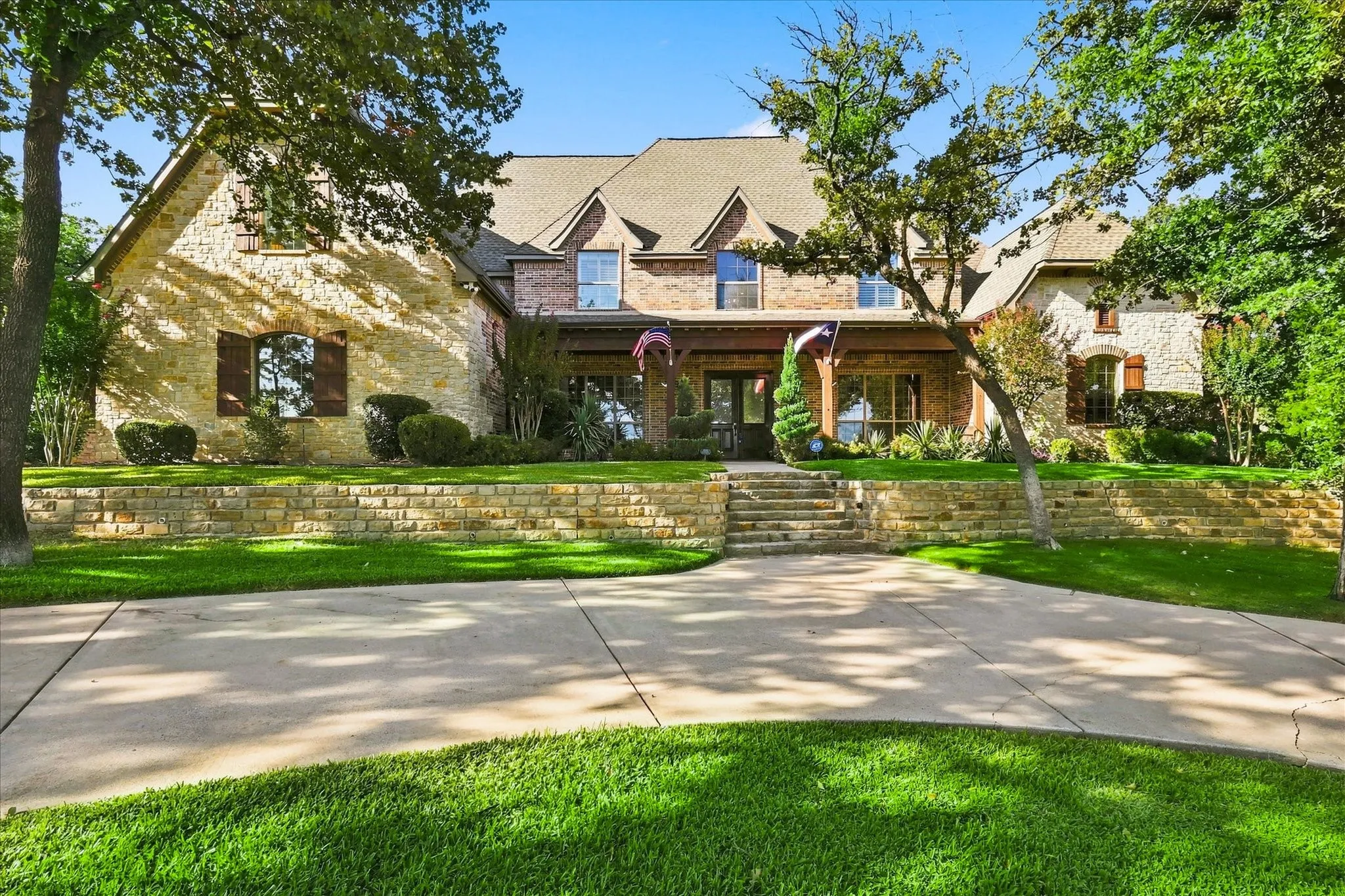 Stone and brick exterior with multiple gables