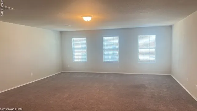 Spacious room featuring neutral carpeting, light-toned walls, and three windows equipped with blinds