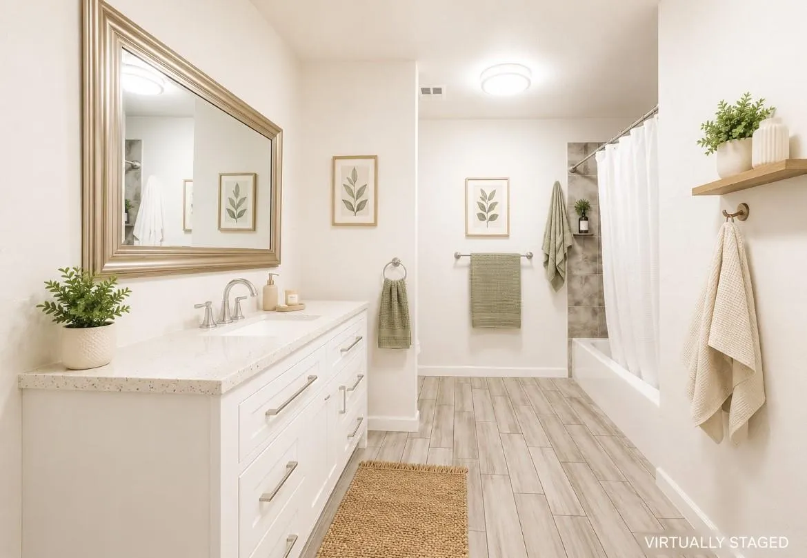 White vanity with brushed nickel hardware, light-colored countertop, and a large framed mirror