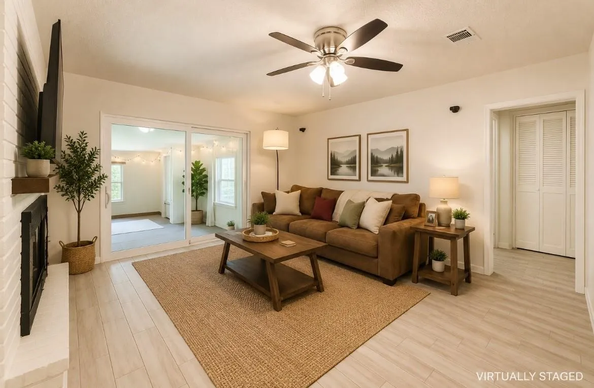 White-painted brick fireplace, wood-finish flooring, ceiling fan, and sliding glass door