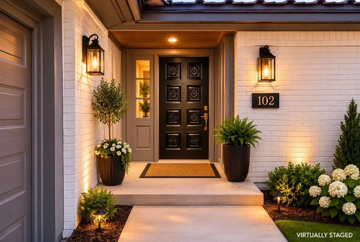 White brick exterior with integrated outdoor lighting