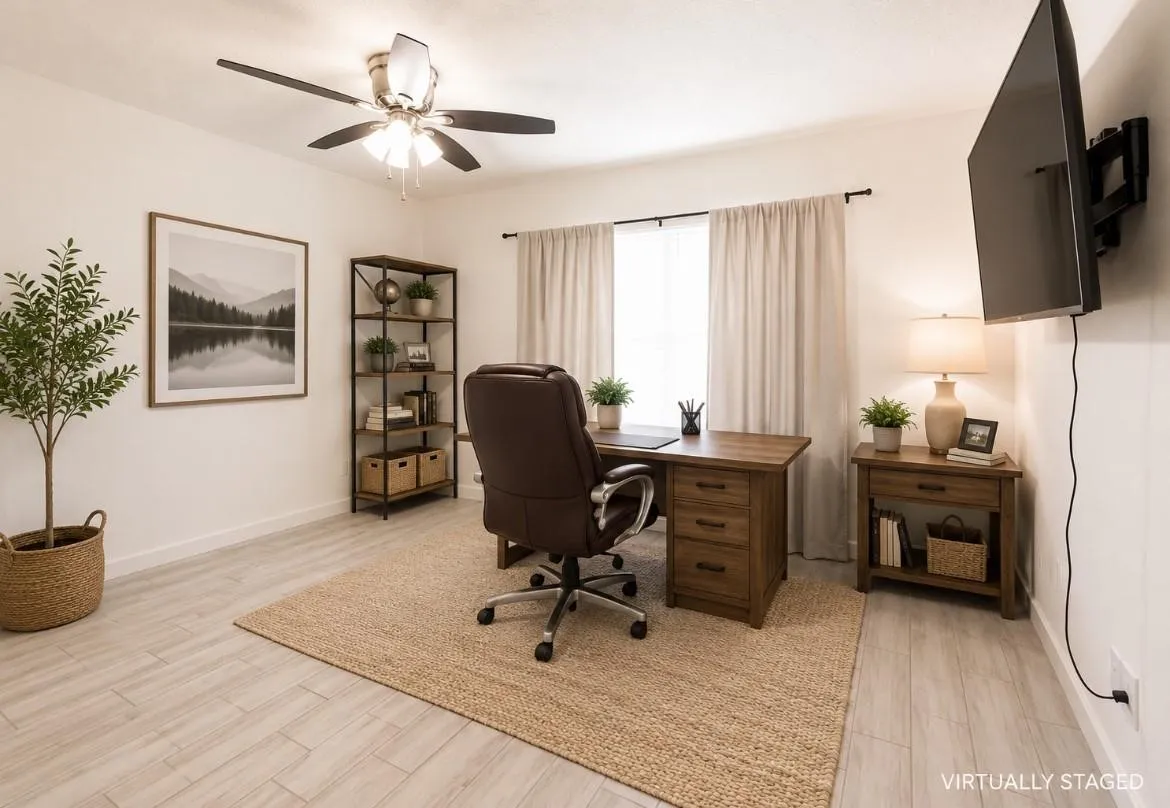 Light-toned wood-finish flooring, ceiling fan with integrated lighting, window with drapes, and built-in shelving unit