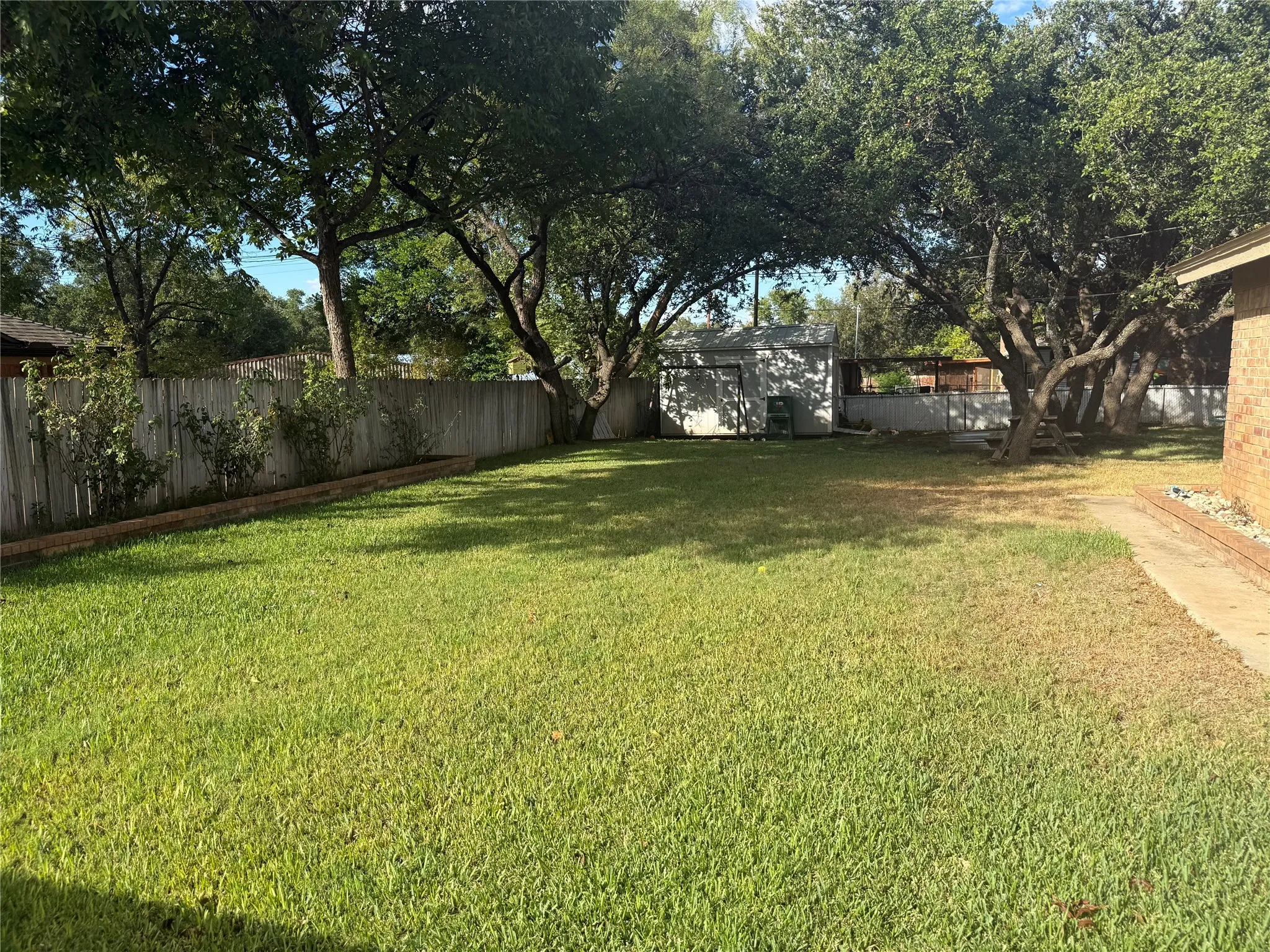 Shade trees in lush backyard