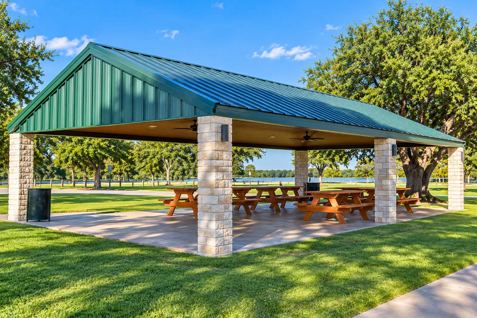 Expansive covered pavilion with a metal roof and stone-clad pillars, featuring an integrated concrete pad and mature landscaping