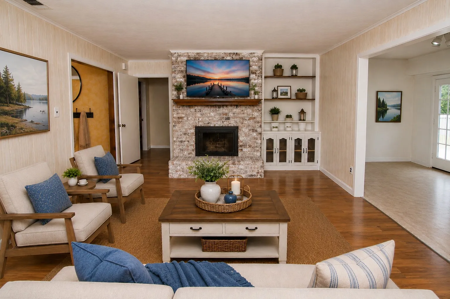 Brick-faced fireplace with a wood mantel, built-in shelving, wood-finish flooring, and a recessed doorway