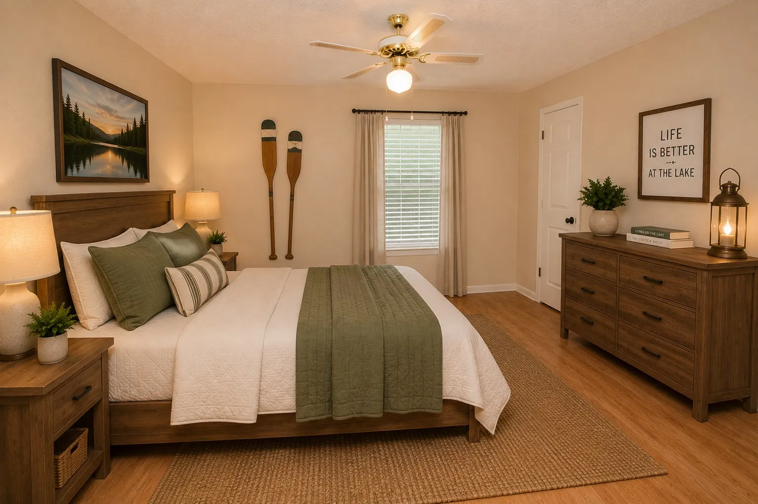 Wood-finish flooring, ceiling fan with light fixture, window with blinds, and white paneled door
