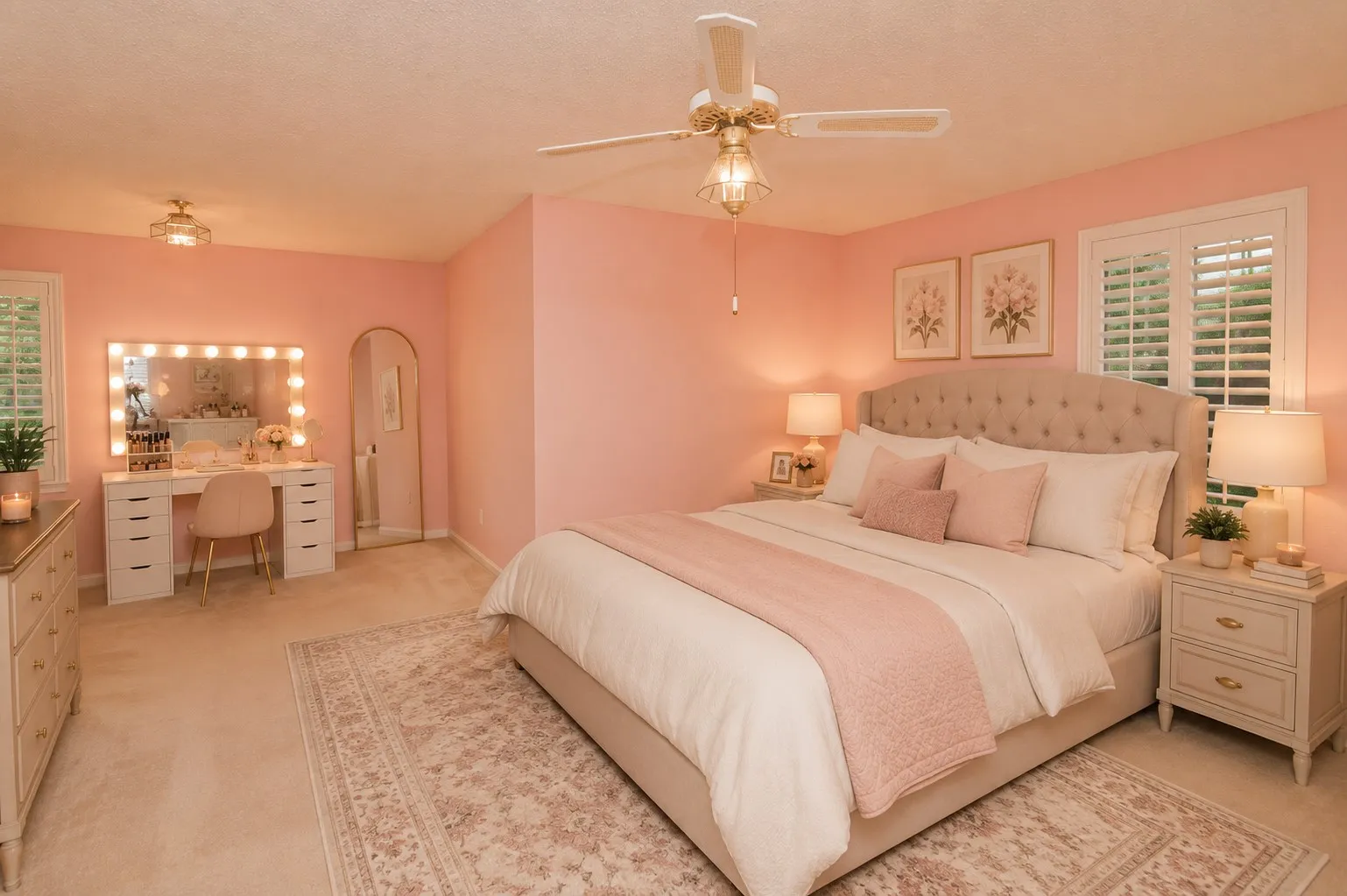 Ceiling fan with integrated lighting, window with white louvered shutters, recessed archway, and overhead flush-mount light fixture