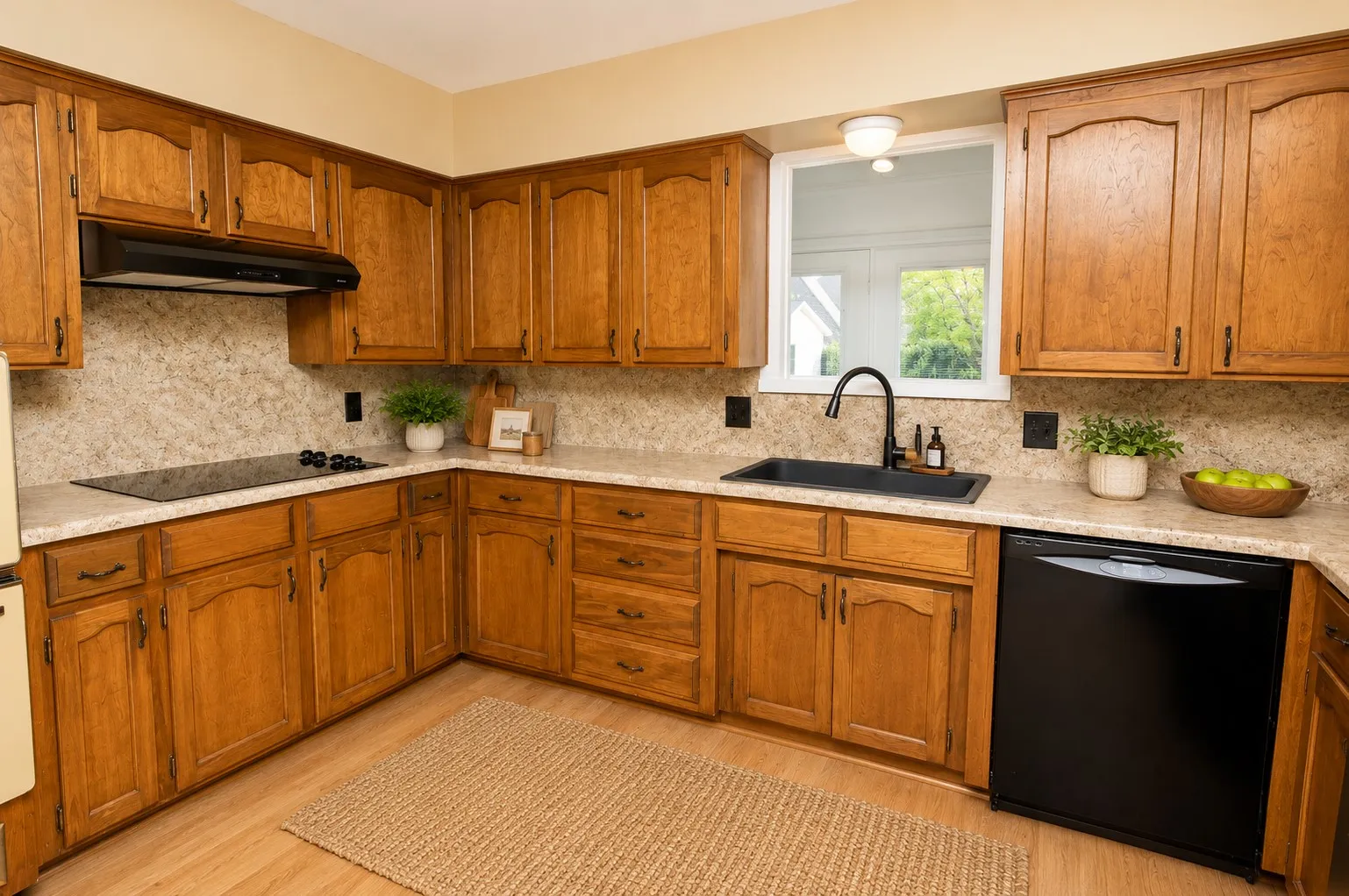 Wood-finish cabinetry with dark hardware, stone-look countertops, black undermount sink with a matte black faucet, black dishwasher, and a built-in cooktop