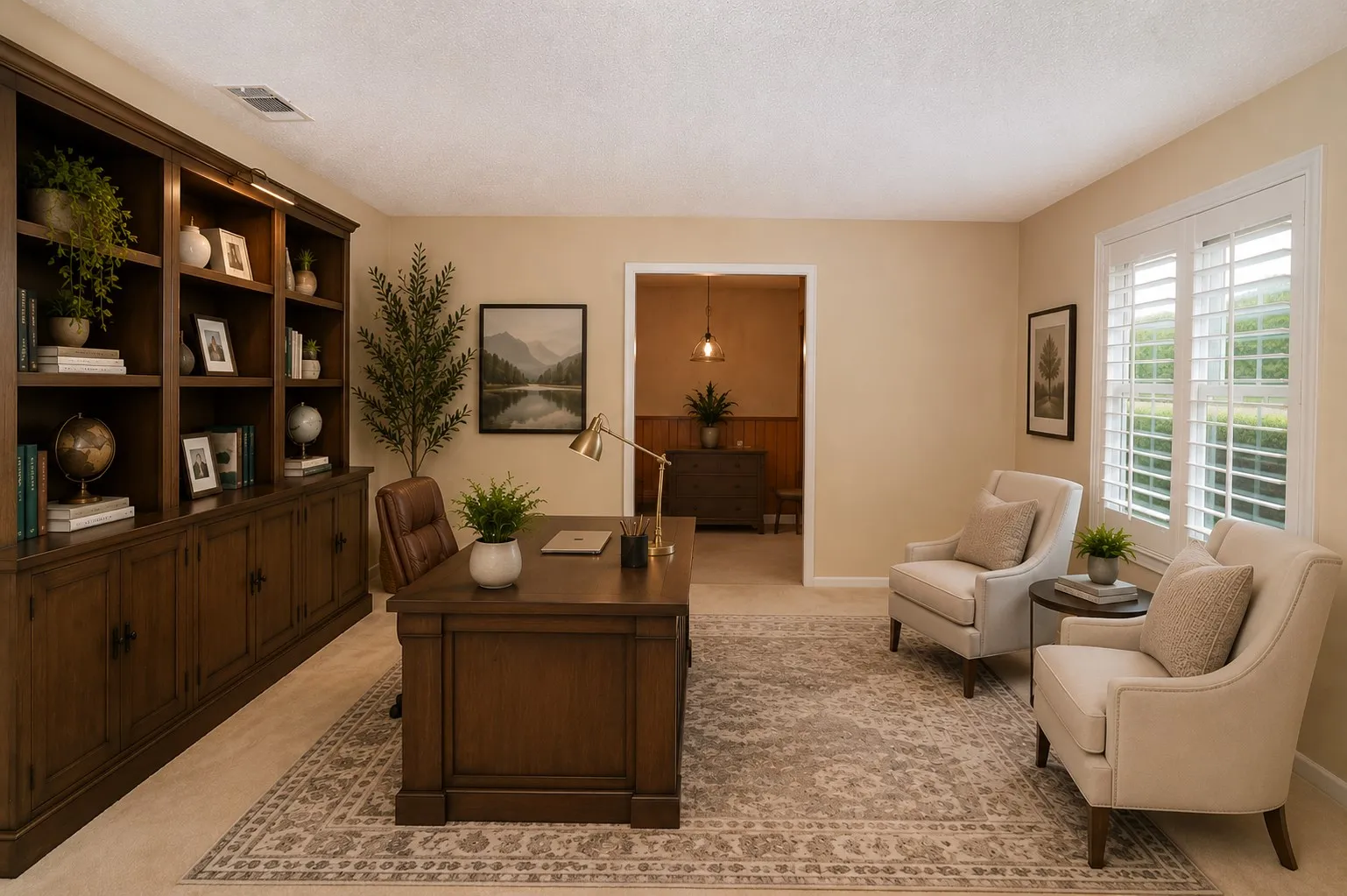 Built-in wood cabinetry with integrated shelving, plantation shutters, and neutral wall tones