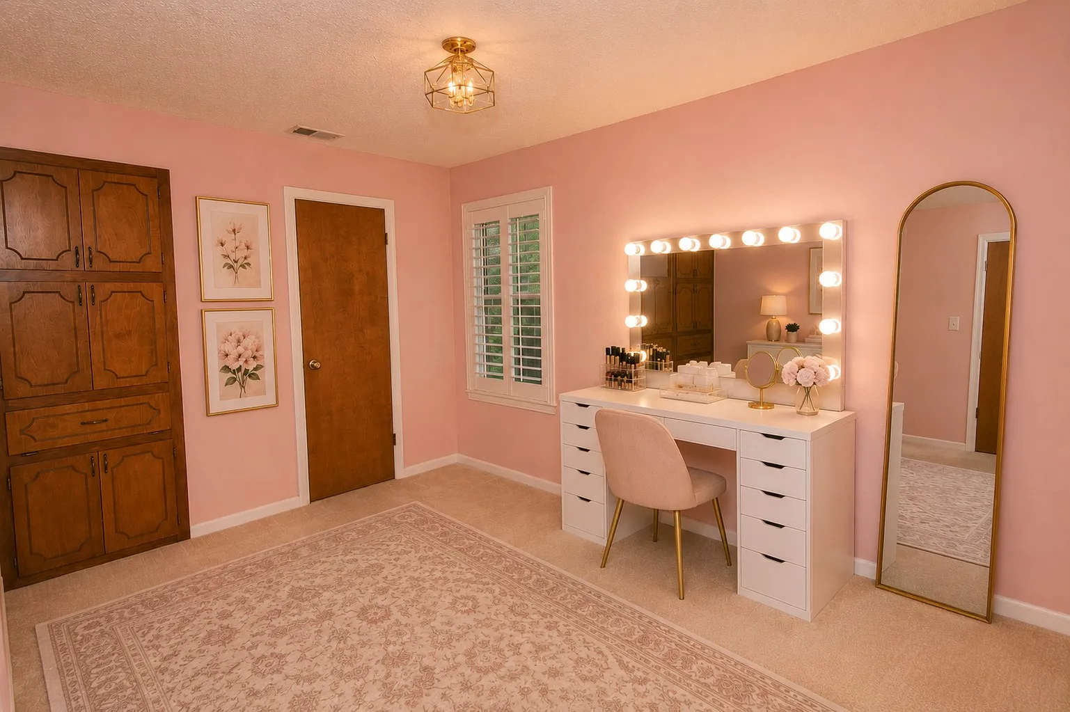 Built-in wood cabinetry, wood-finish interior door, window with plantation shutters, and ceiling-mounted light fixture