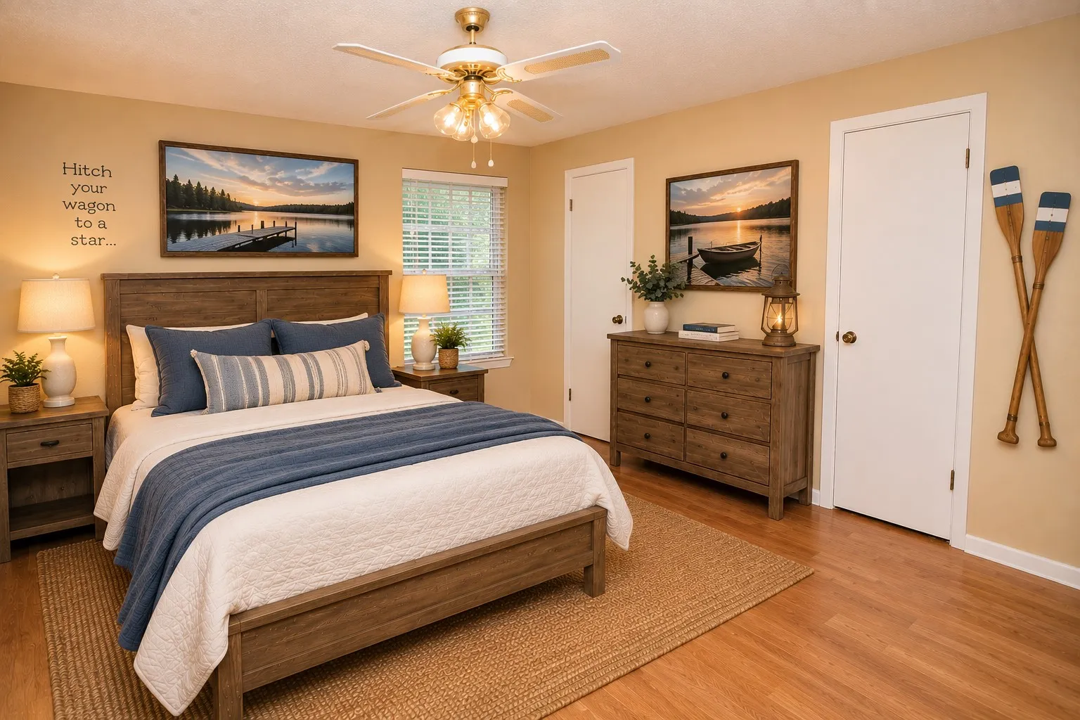 Warm wood-finish flooring, a ceiling fan with light fixture, and two white panel doors