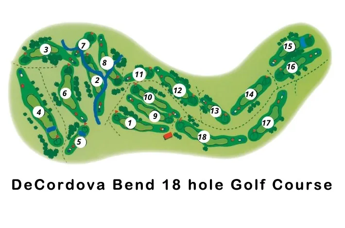 Golf Course Map. Illustrating the layout of the 18-hole golf course, with numbered fairways and greens, and water features on the property