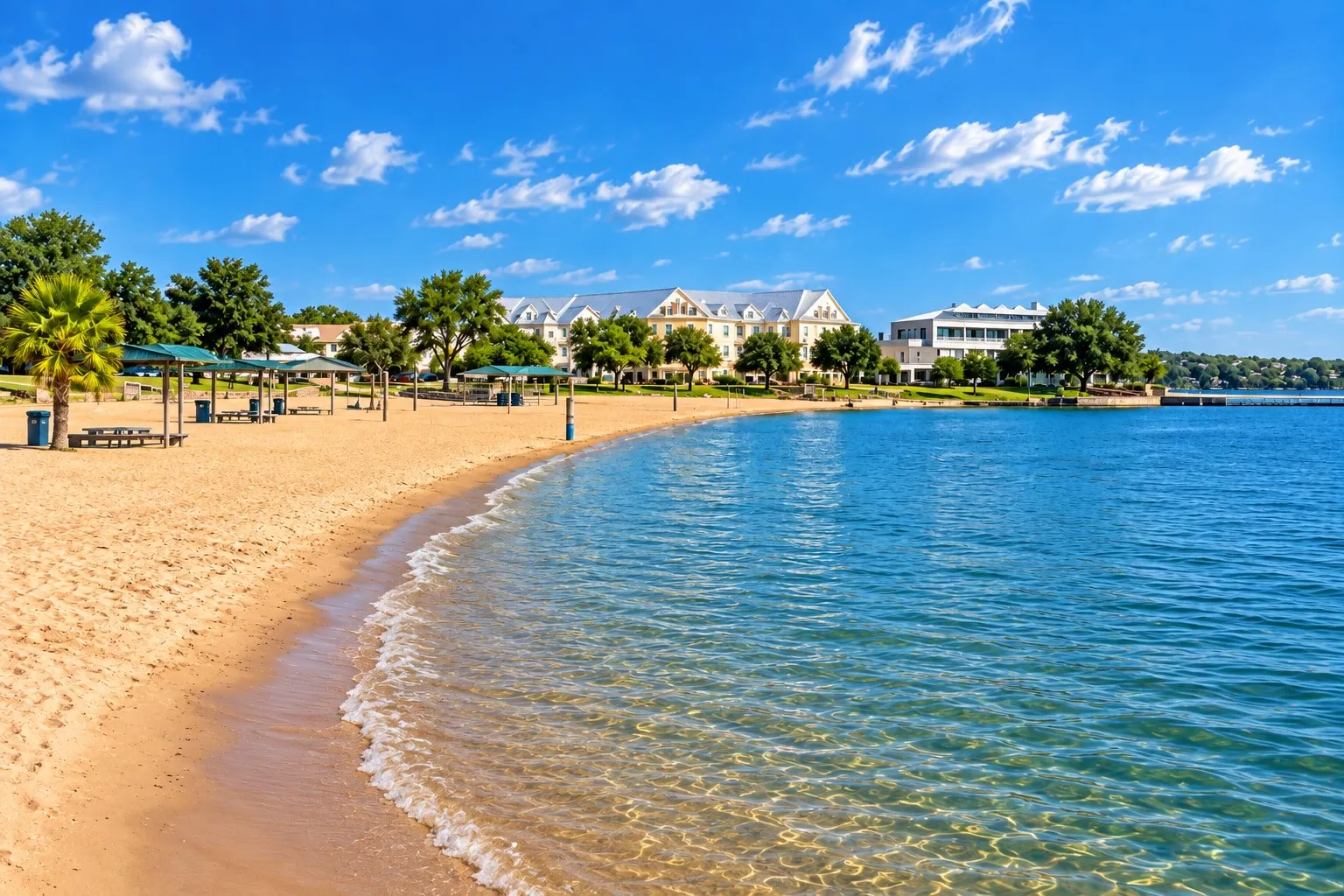 Sandy beach with clear waters, shaded picnic areas, mature trees, and waterfront buildings