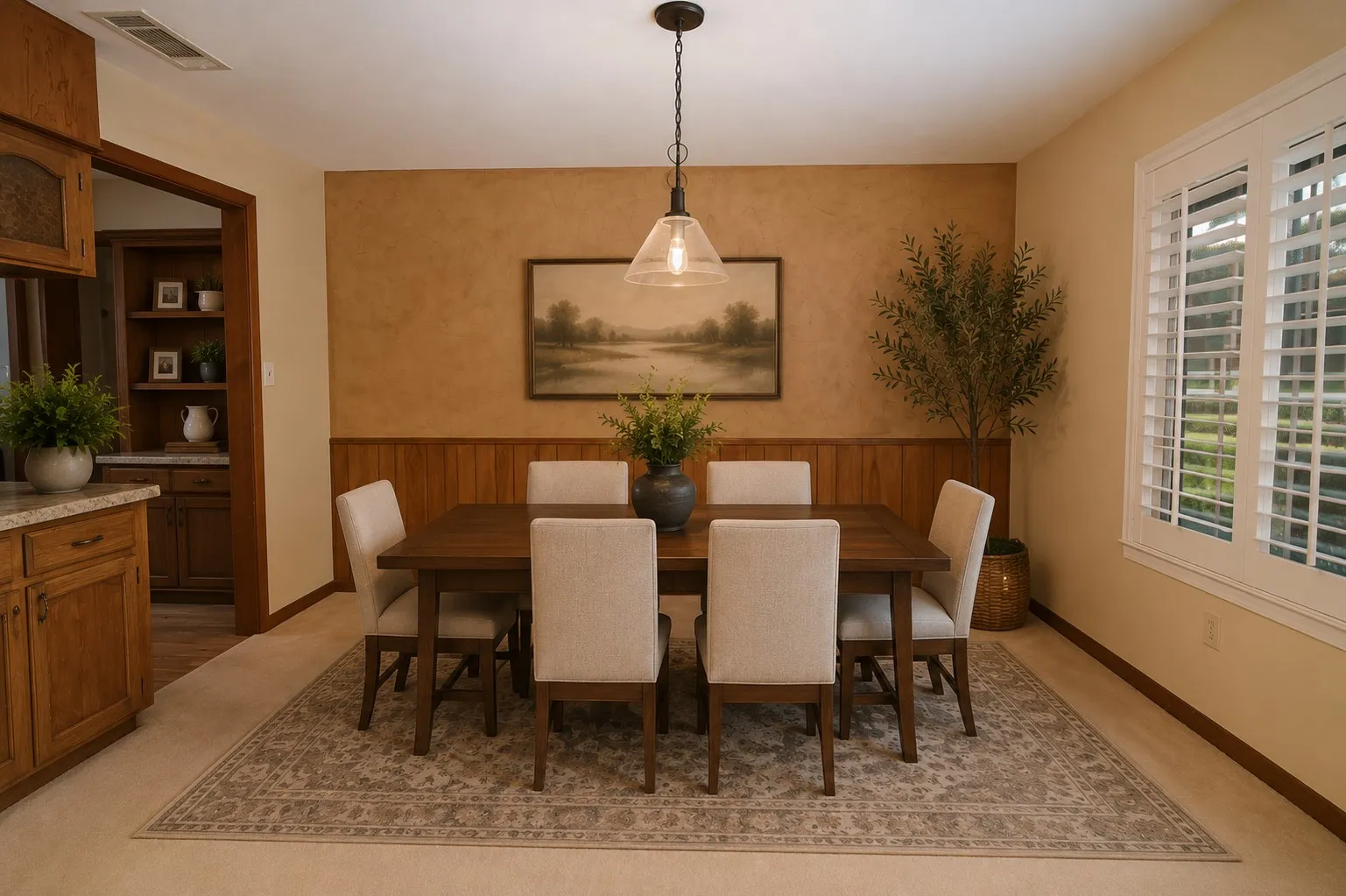 Dining area featuring a wood wainscoting accent wall and a pendant light fixture
