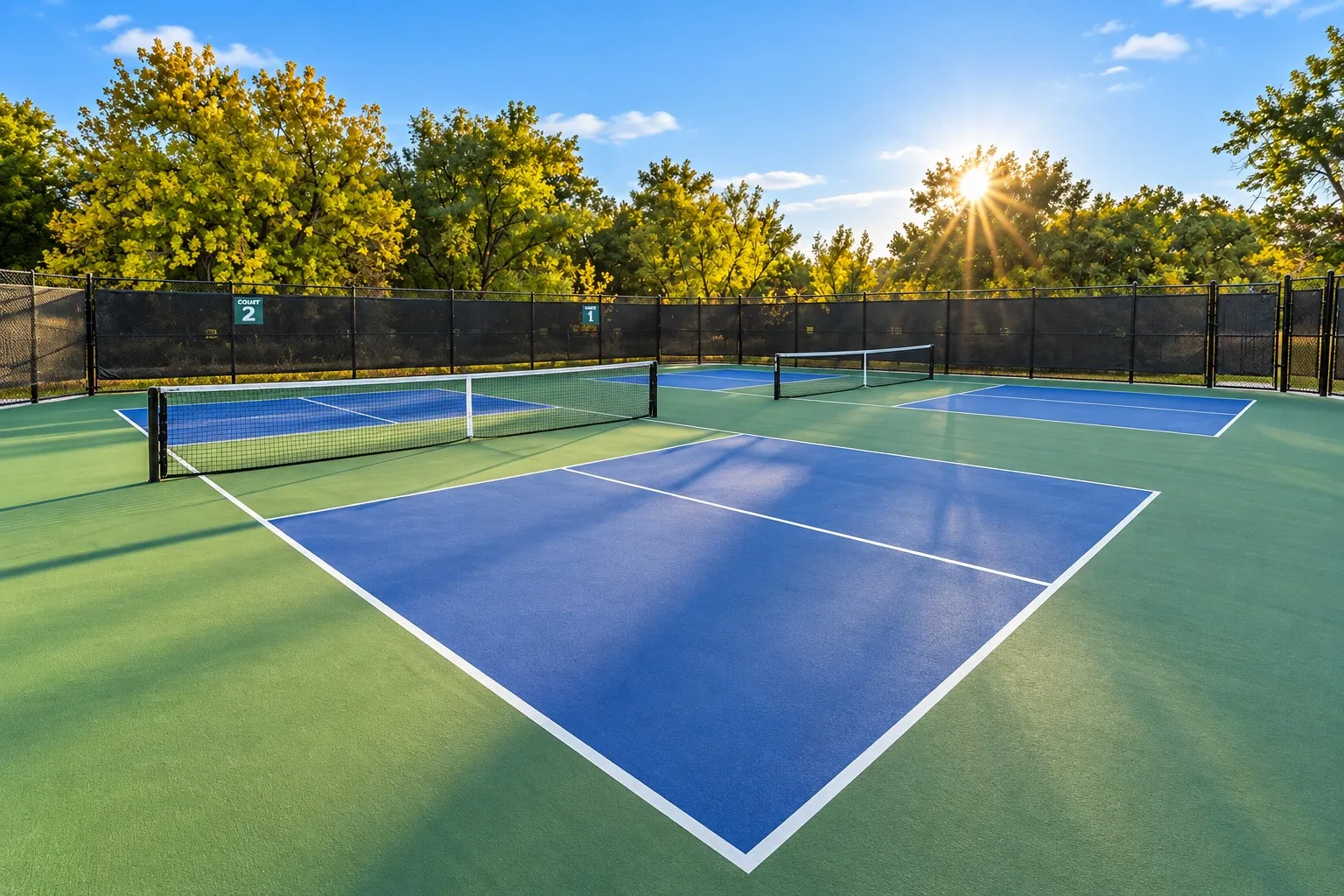 Professional-grade pickleball courts featuring hard composite playing surfaces in vibrant blue and green, complete with regulation net systems and perimeter fencing