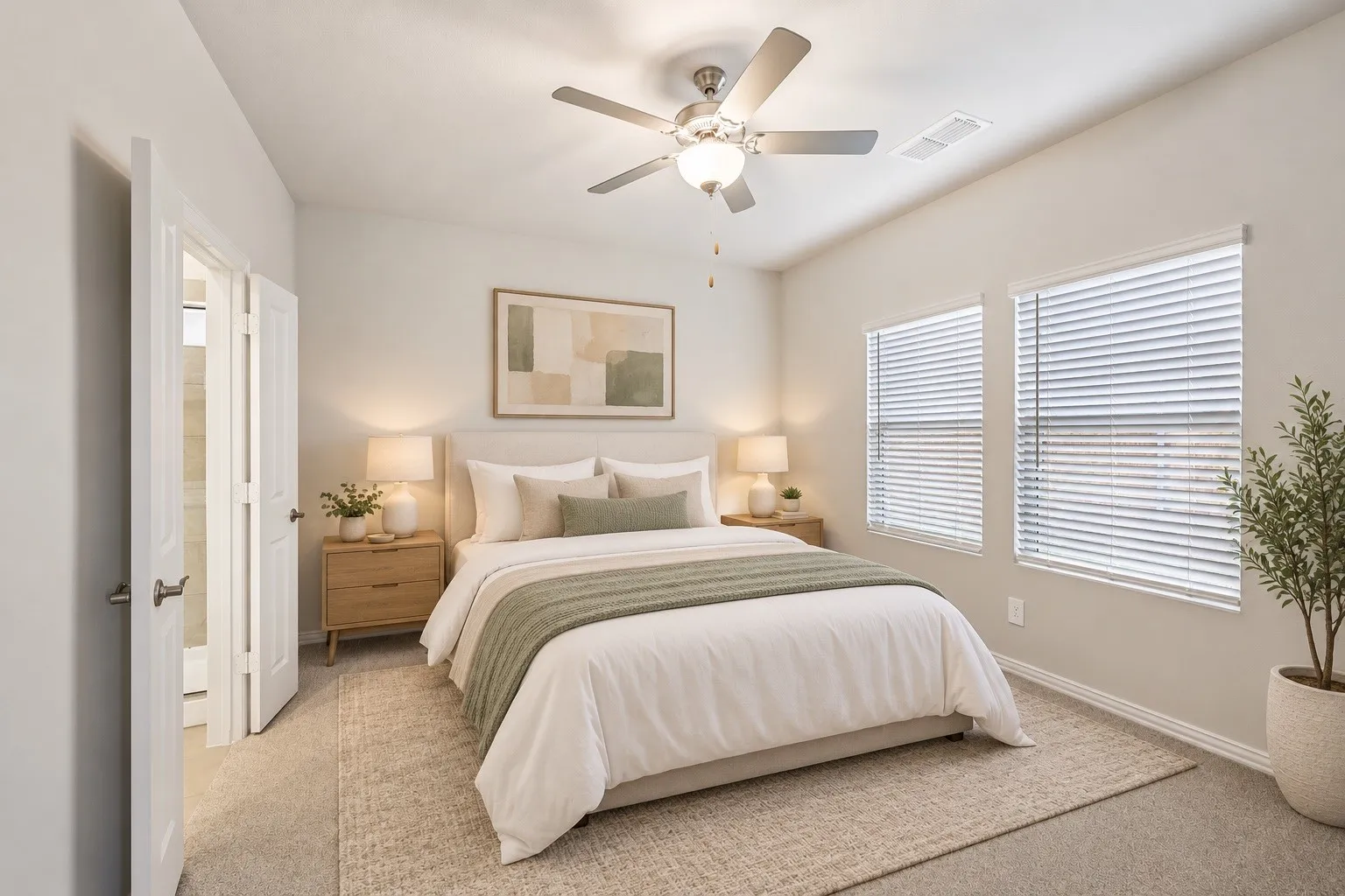 Carpeted room featuring dual windows with blinds, a ceiling fan with light fixture.Some photos have been digitally enhanced for lighting and virtually staged. Furniture and décor shown are for illustration only and are not included with the property.