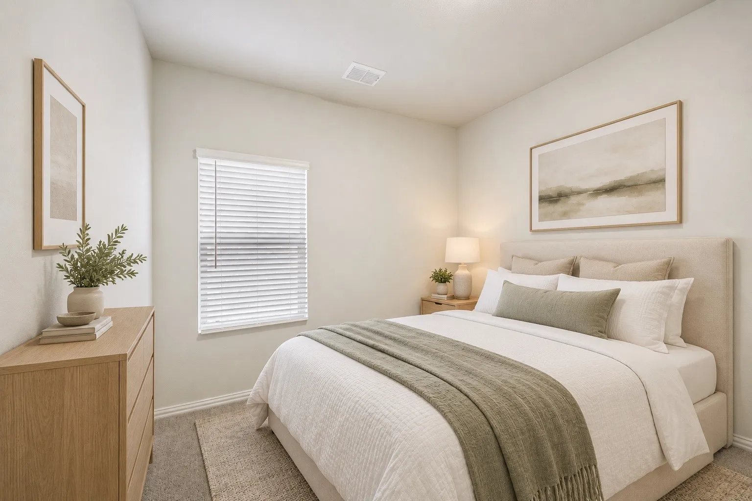 Recessed lighting, window with blinds, light-toned walls, and carpeting.Some photos have been digitally enhanced for lighting and virtually staged. Furniture and décor shown are for illustration only and are not included with the property.