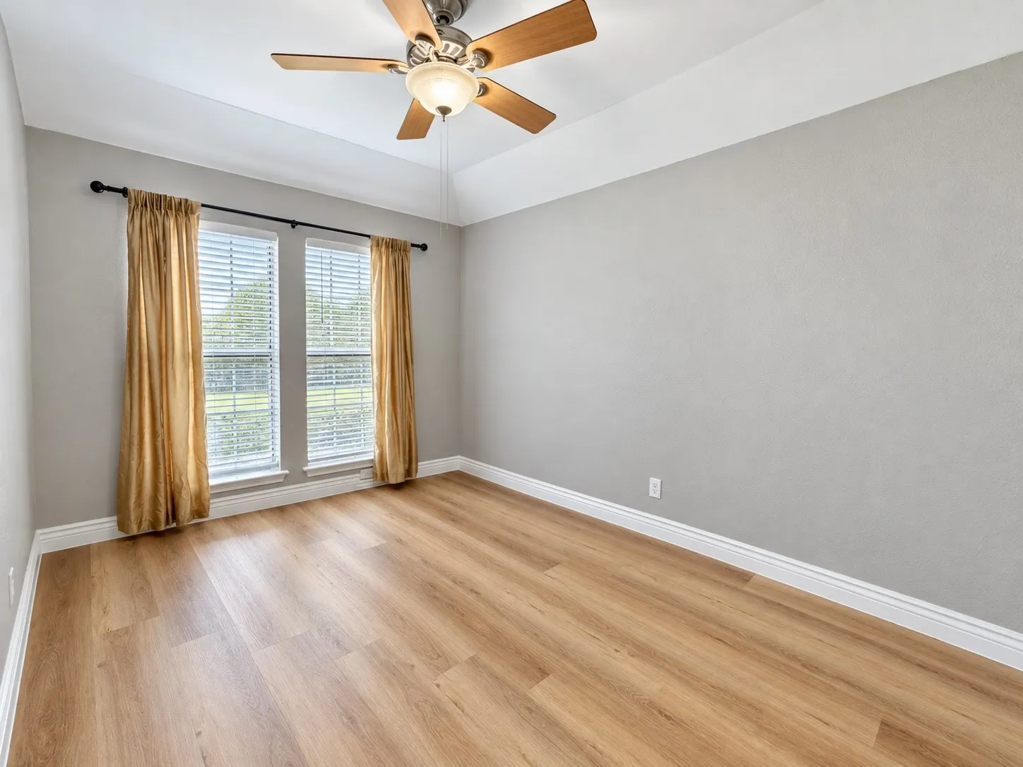 Tray ceiling with a ceiling fan light fixture, wood-finish flooring, and two windows