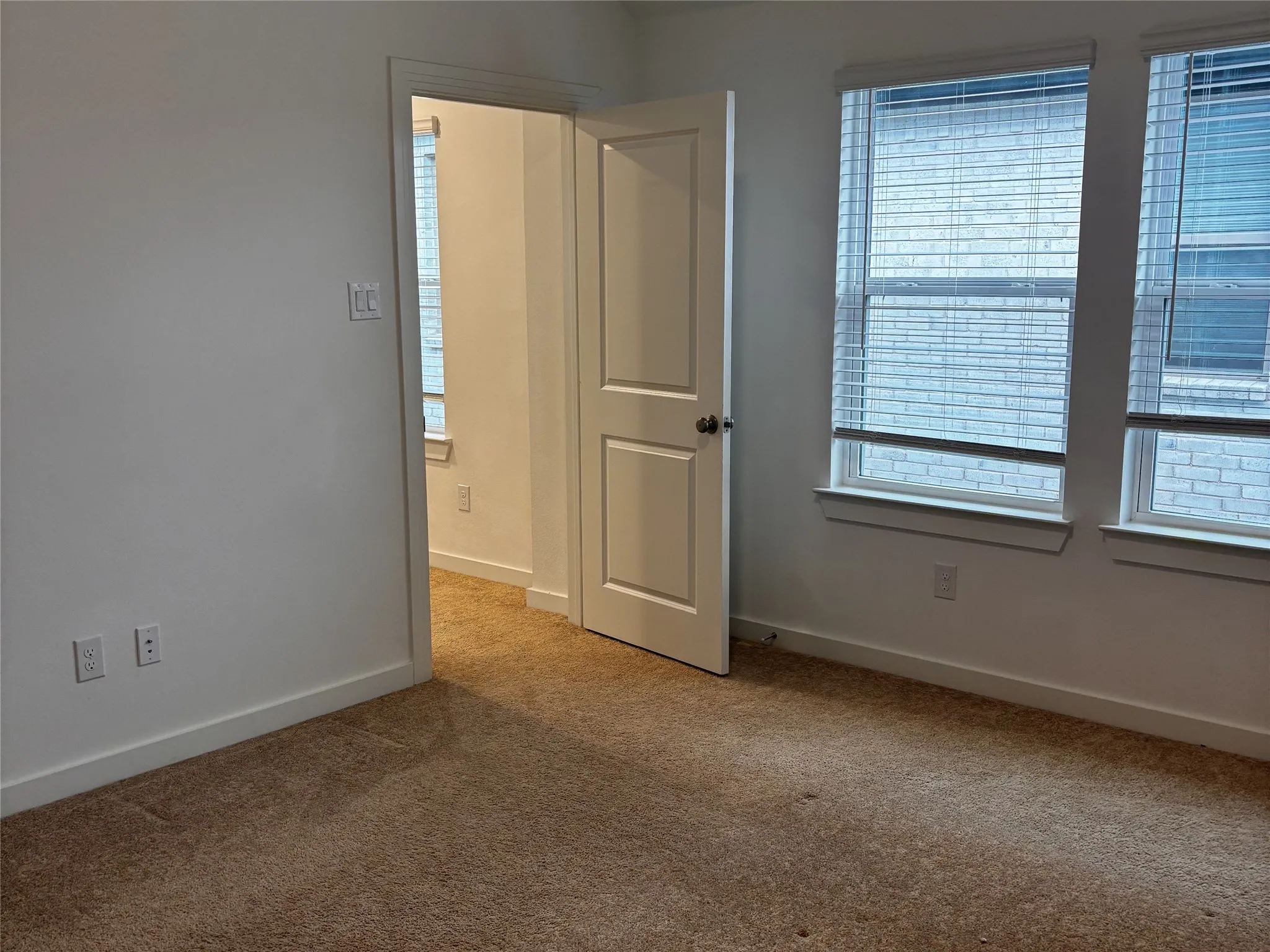 Carpeted flooring, white walls, two windows with blinds, and a white interior door