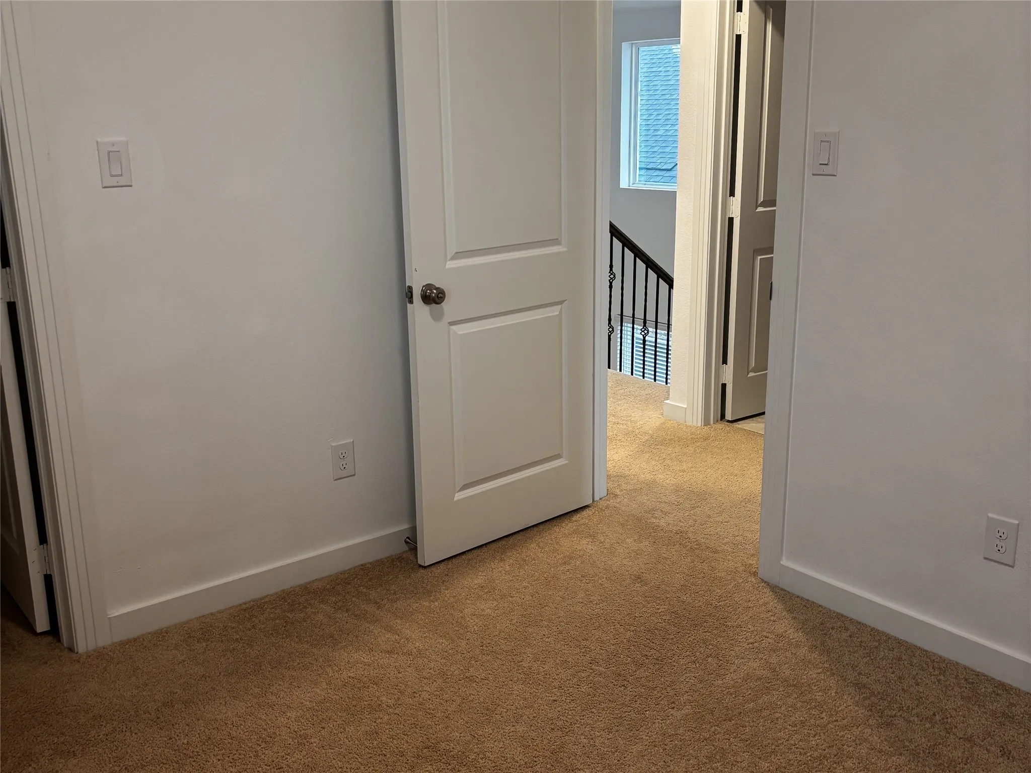 Light-colored walls, brown carpeting, and a white interior door with a brushed nickel knob