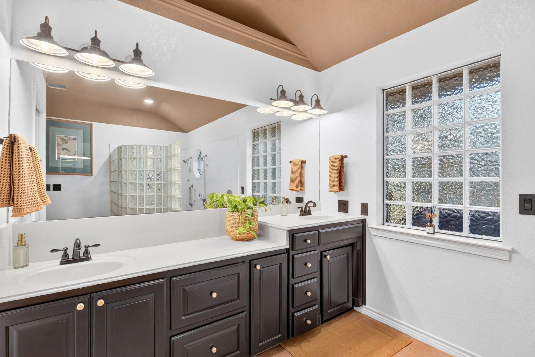 Primary bathroom with terracotta-look tile, dual dinks, new lighting and fresh paint.