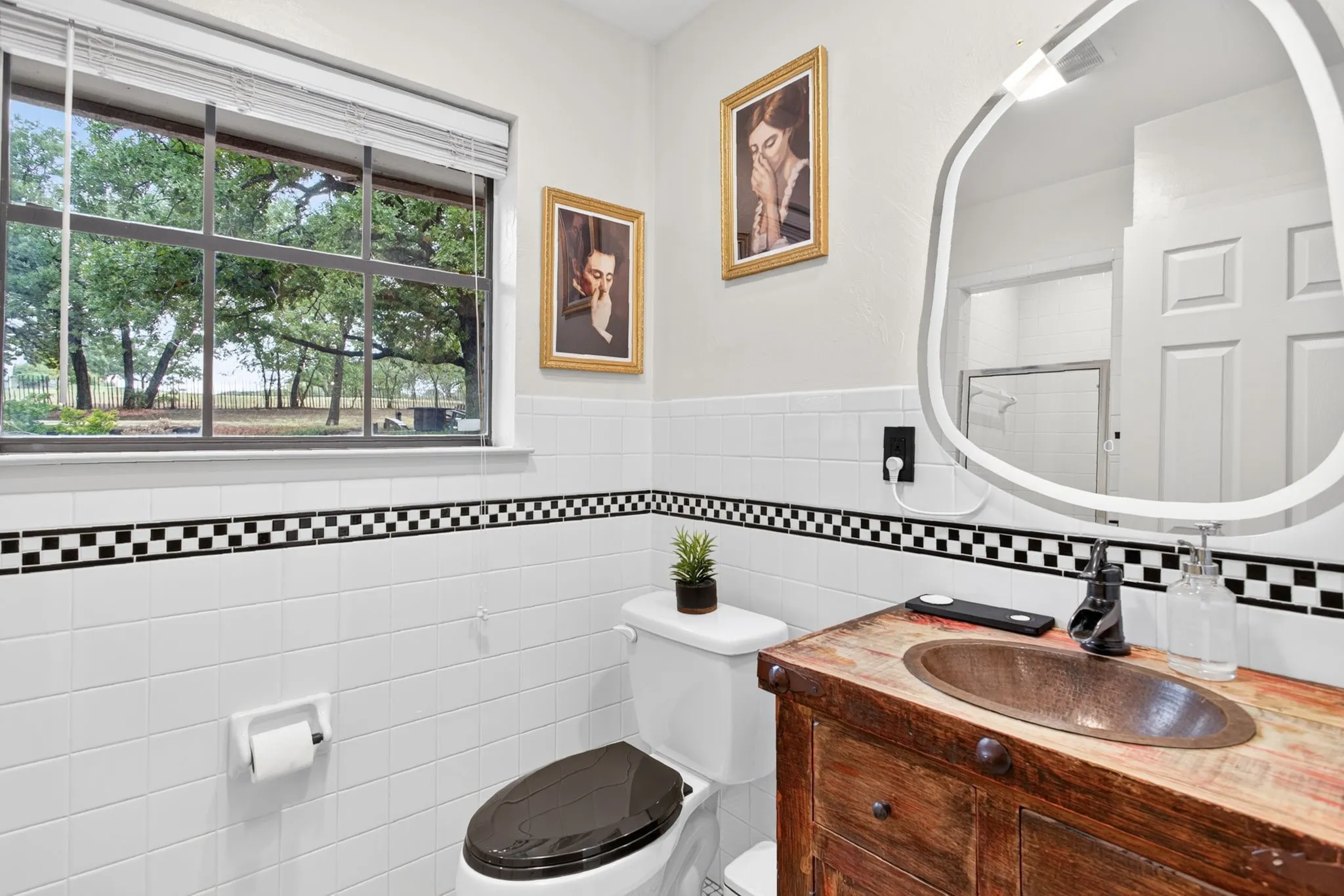 Fun FULL hallway bathroom with class retro tile, primitive vanity with copper sink.