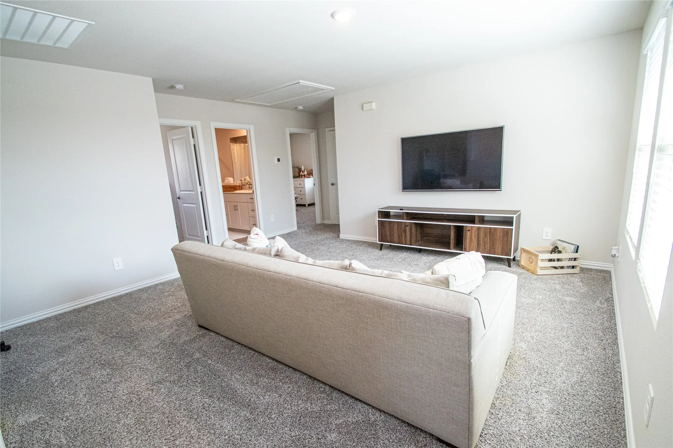 Recessed lighting, light gray wall finishes, light gray carpet, and an interior window