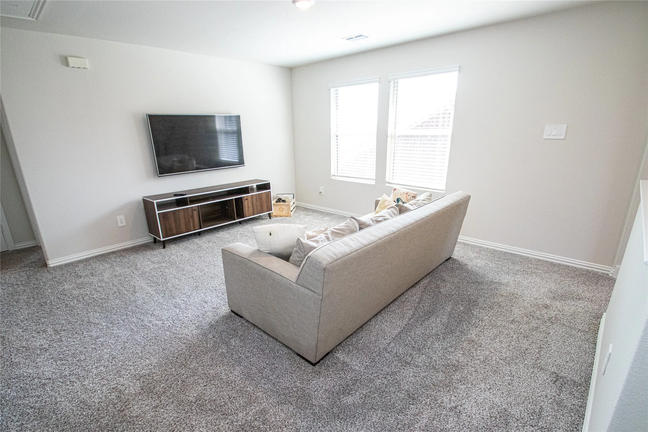Grey patterned carpeting, two windows with blinds, and white painted walls