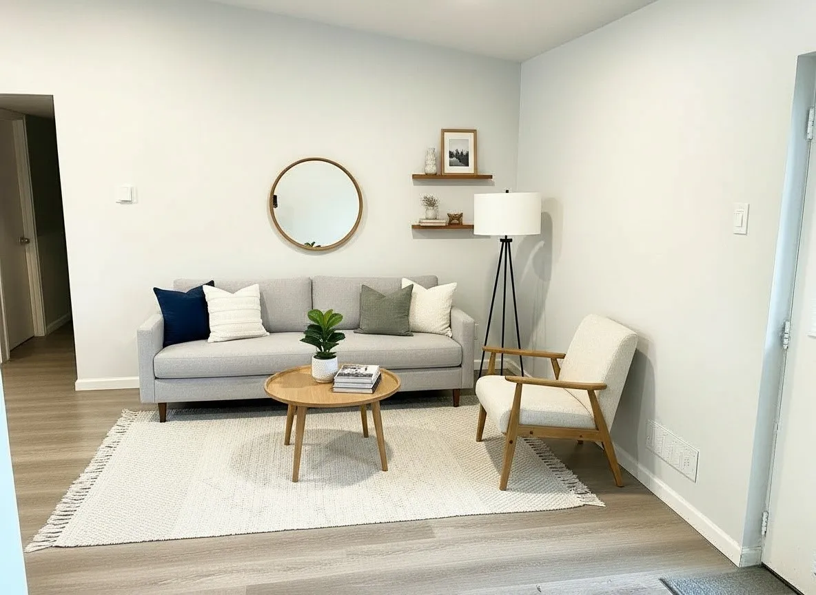 Vaulted ceiling, light-toned wall finishes, wood-finish flooring, and built-in wall shelving