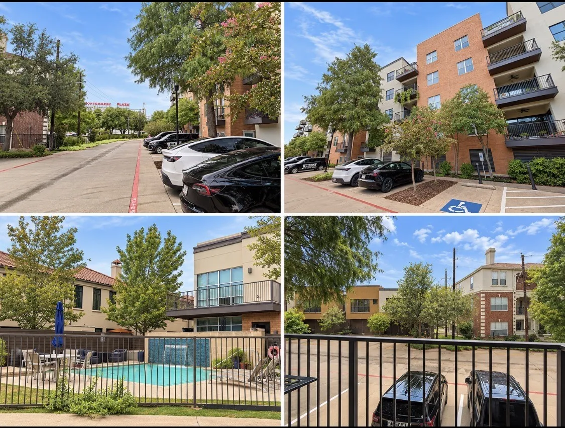 Property overview. Visual documentation of the property's exterior, parking areas, and a communal pool facility