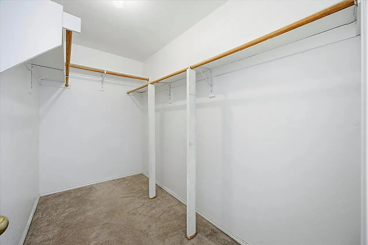 Walk-in closet with carpet flooring, white walls, and built-in wood-finish shelving