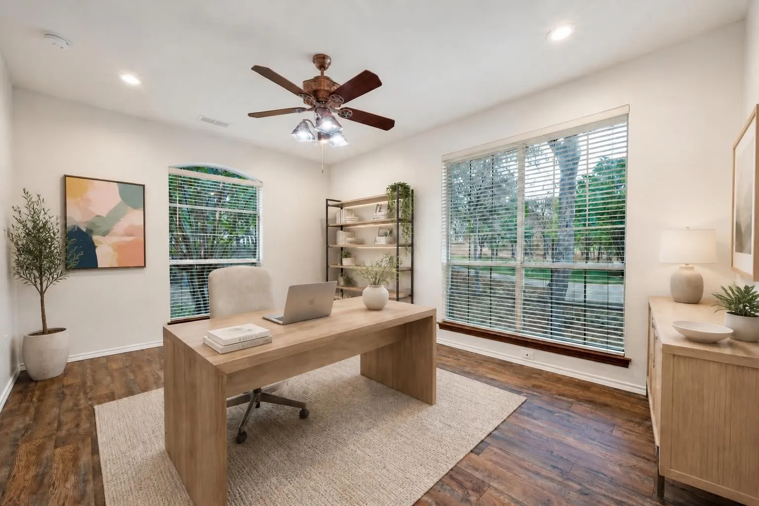 Detached space across the porte-cochere virtually staged as an office. This space could also be used as a 6th bedroom as it features a large walk in closet. Some have suggested it could be converted into an air conditioned 3rd car garage as well.