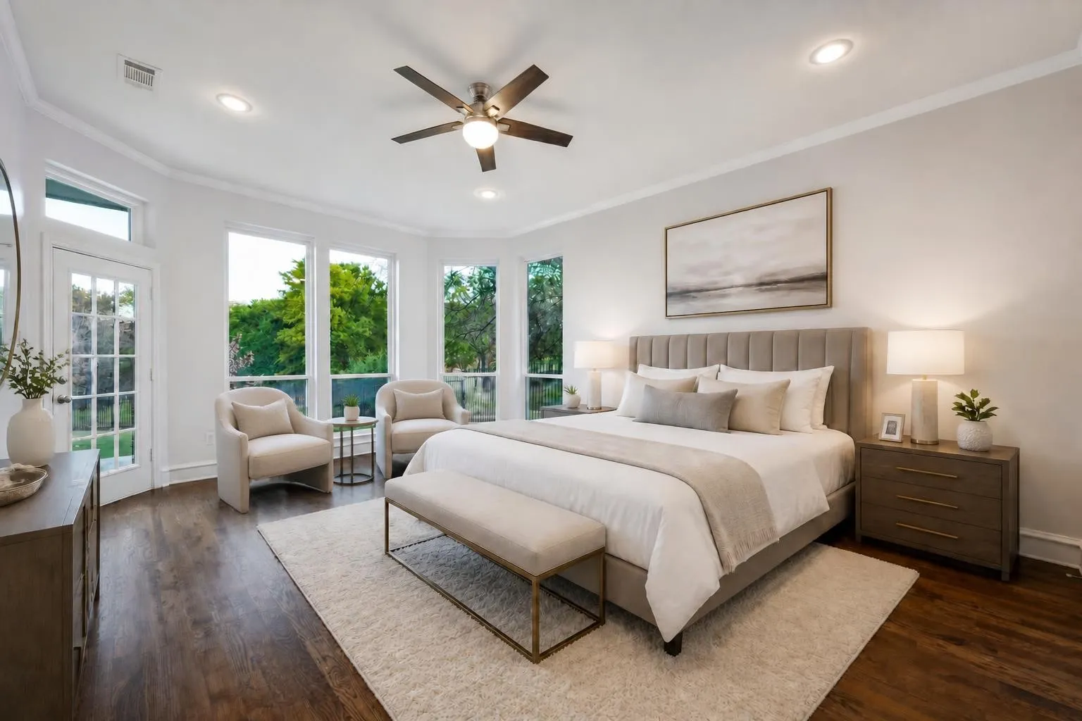Virtually staged primary bedroom recently completely remodeled. The entire home has also been freshly painted