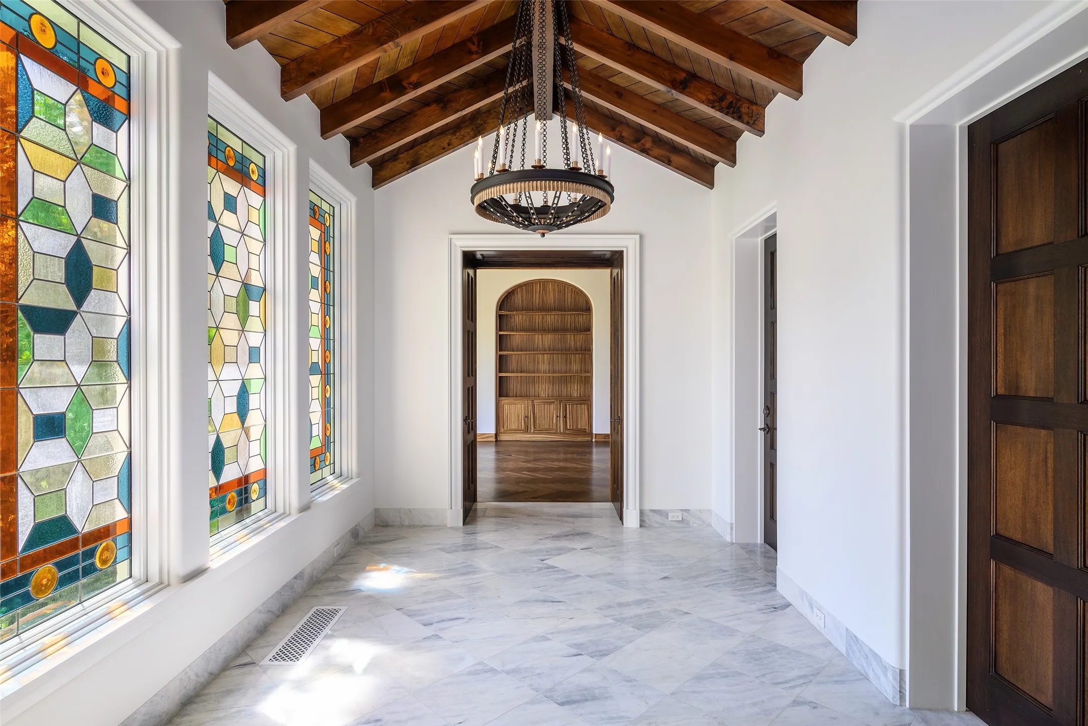 Foyer view to study with beautiful stained glass