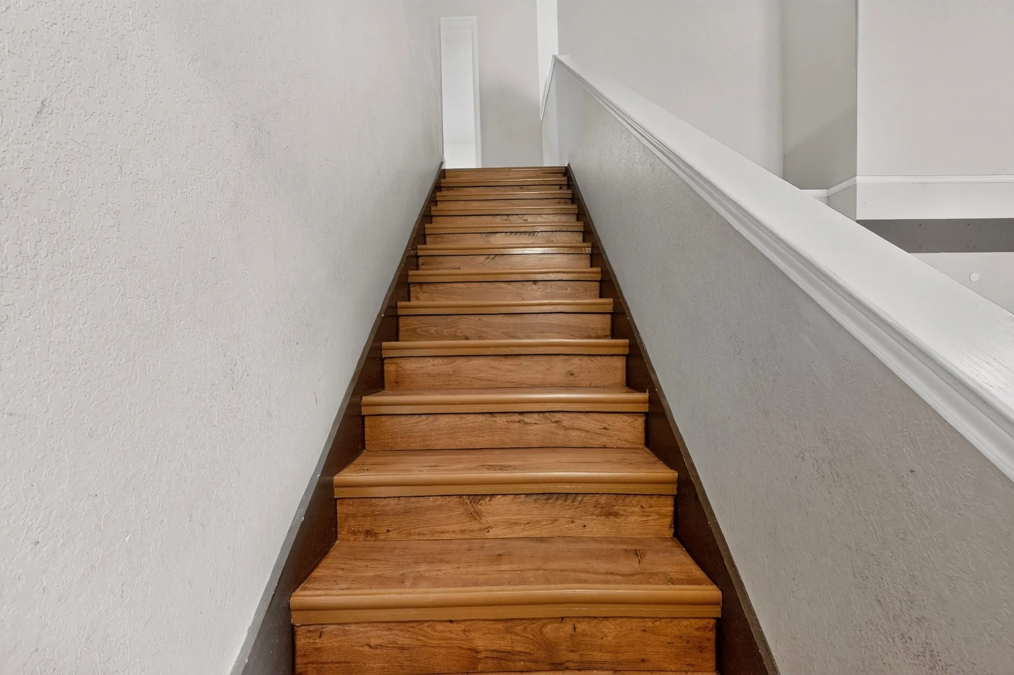 Wood-finish staircase with white risers and a white handrail