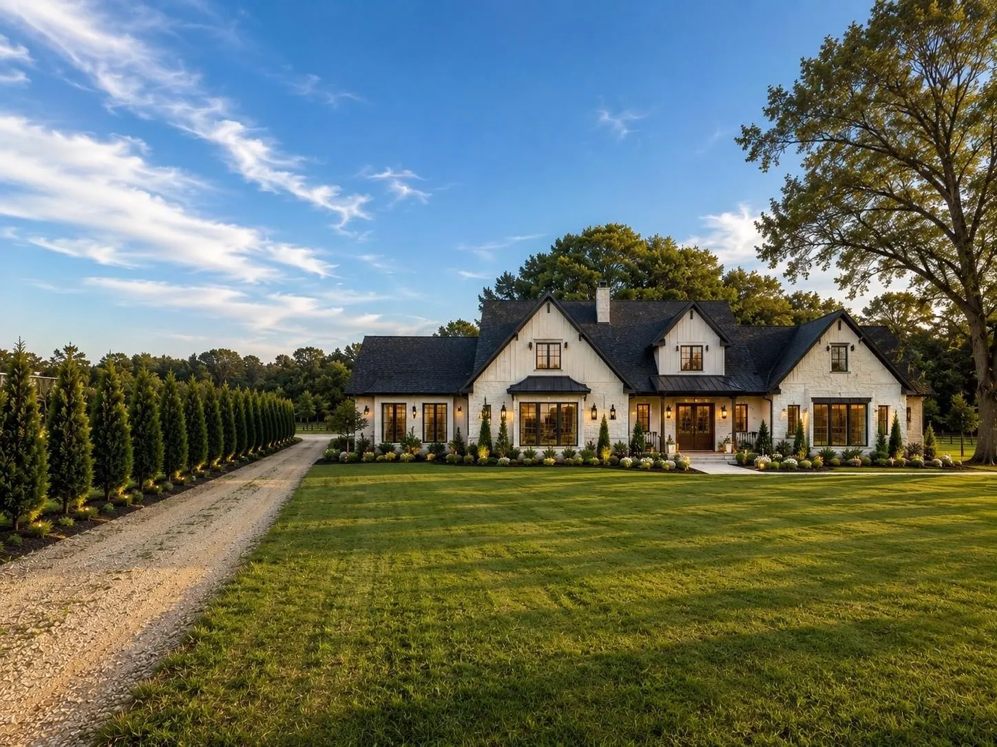 White brick exterior with dark trim accents