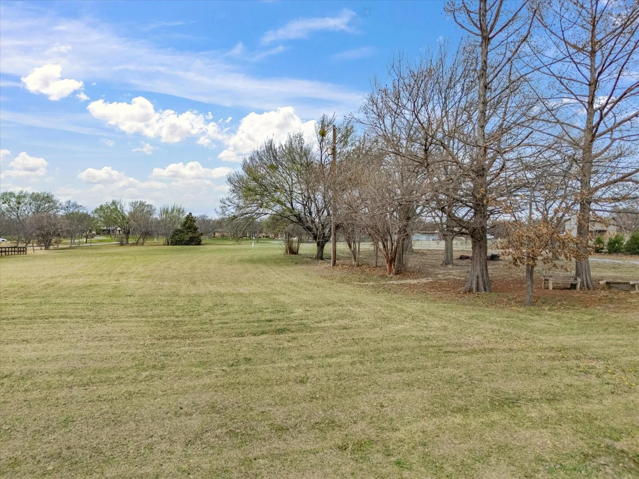 Expansive grassy terrain with mature trees