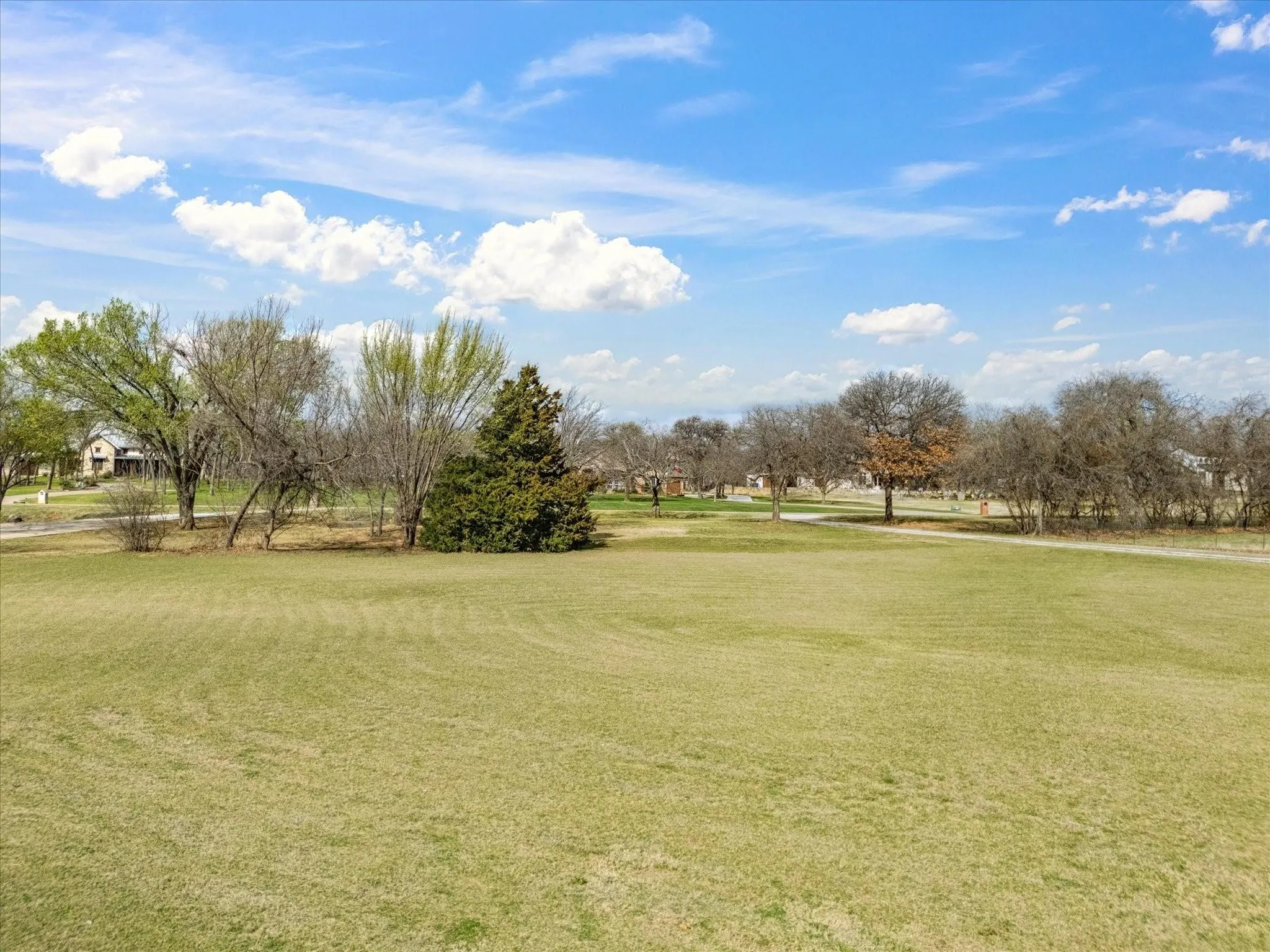 Expansive green space featuring mature trees and distant residential structures